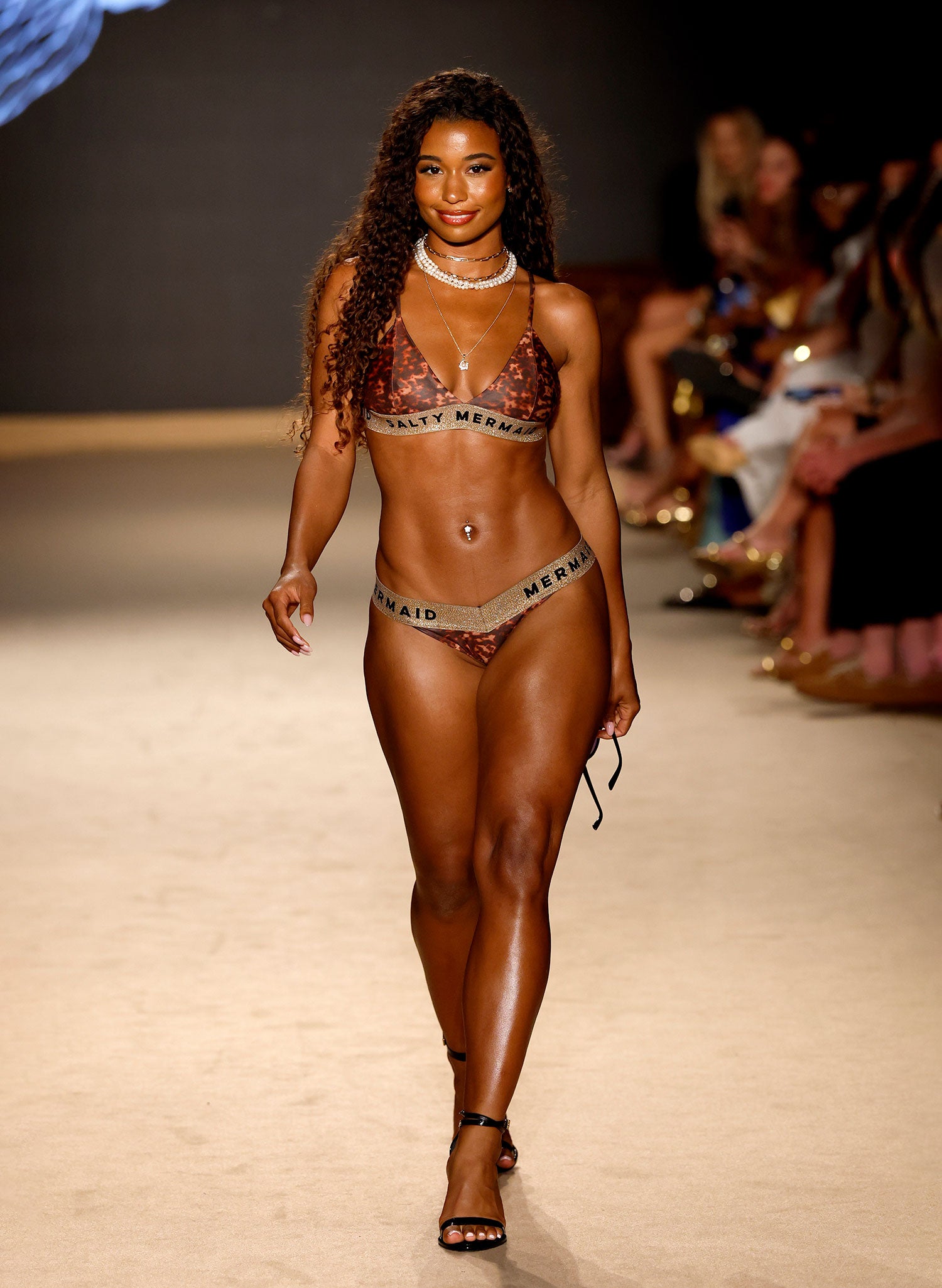 Salty Mermaid Miami Swim week Mob wife collection tortoise print banded bikini bottom with elastic waistband, seen on model