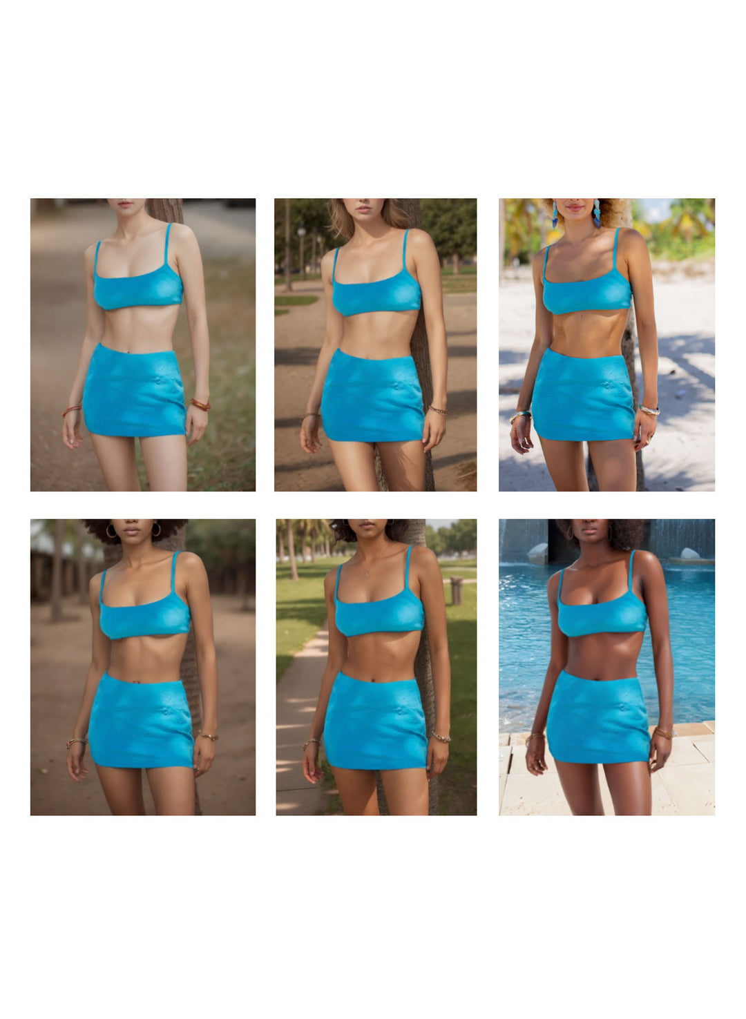 Salty Mermaid blue tidepool banded bikini set swatches — grid of six models showcasing bandeau bikini top and mini skirt bottom in shimmering metallic fabric, part of signature banded swimwear collection