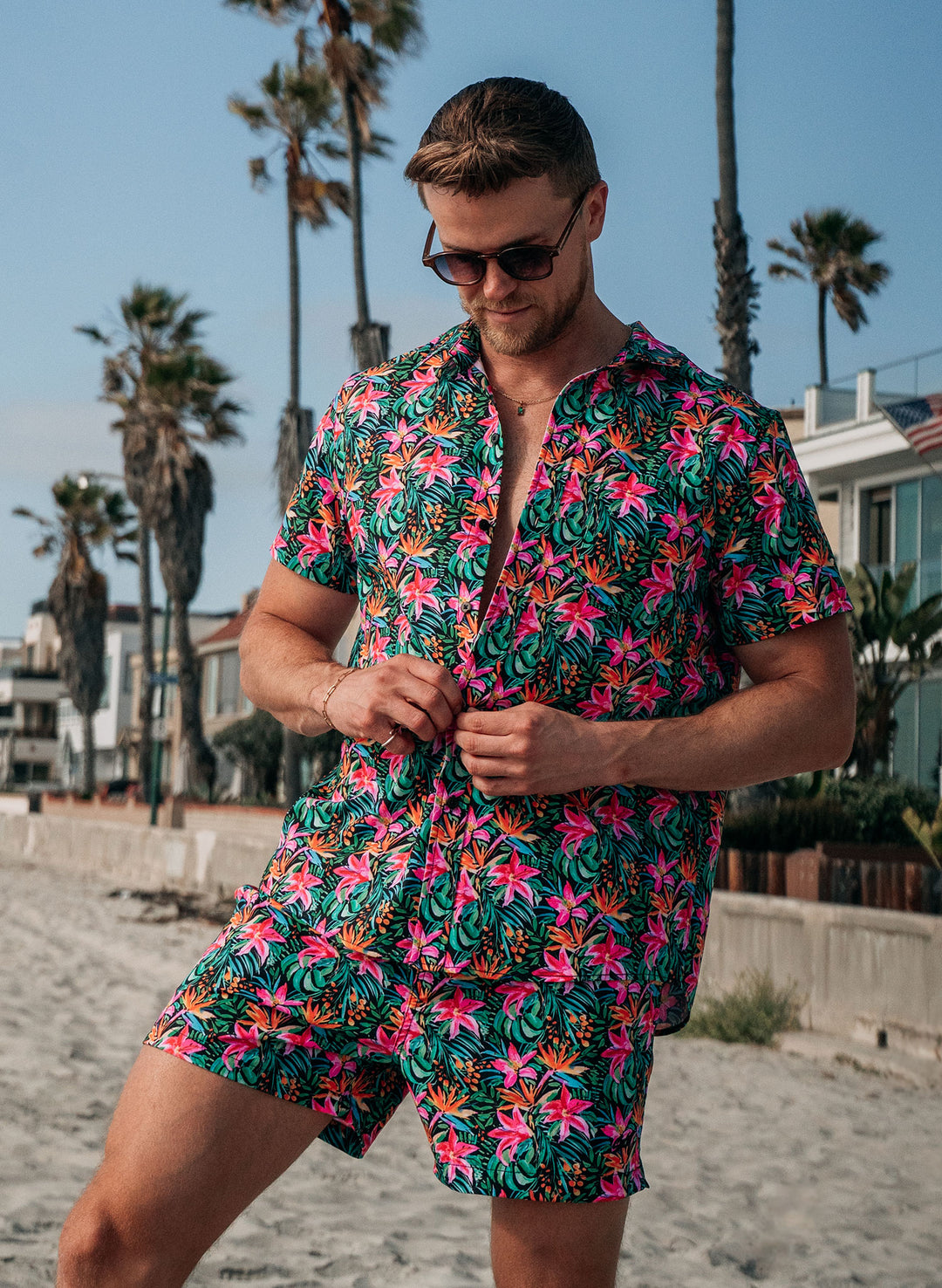 Salty Mermaid Island Bloom men’s matching beachwear set with tropical collared button down and floral 5-inch swim trunks, perfect for resort or vacation wear