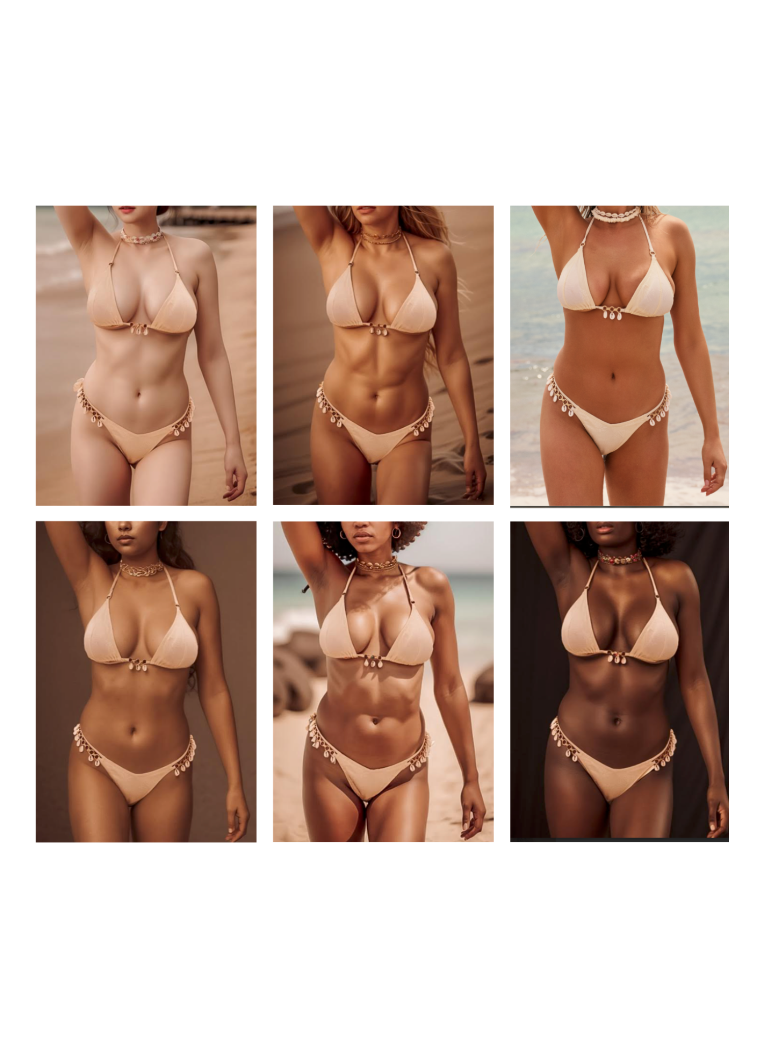 Grid of six AI-generated models with diverse skin tones wearing the Salty Mermaid Ivory Shoreline bikini, showcasing the inclusive fit and flattering neutral tone across all complexions.