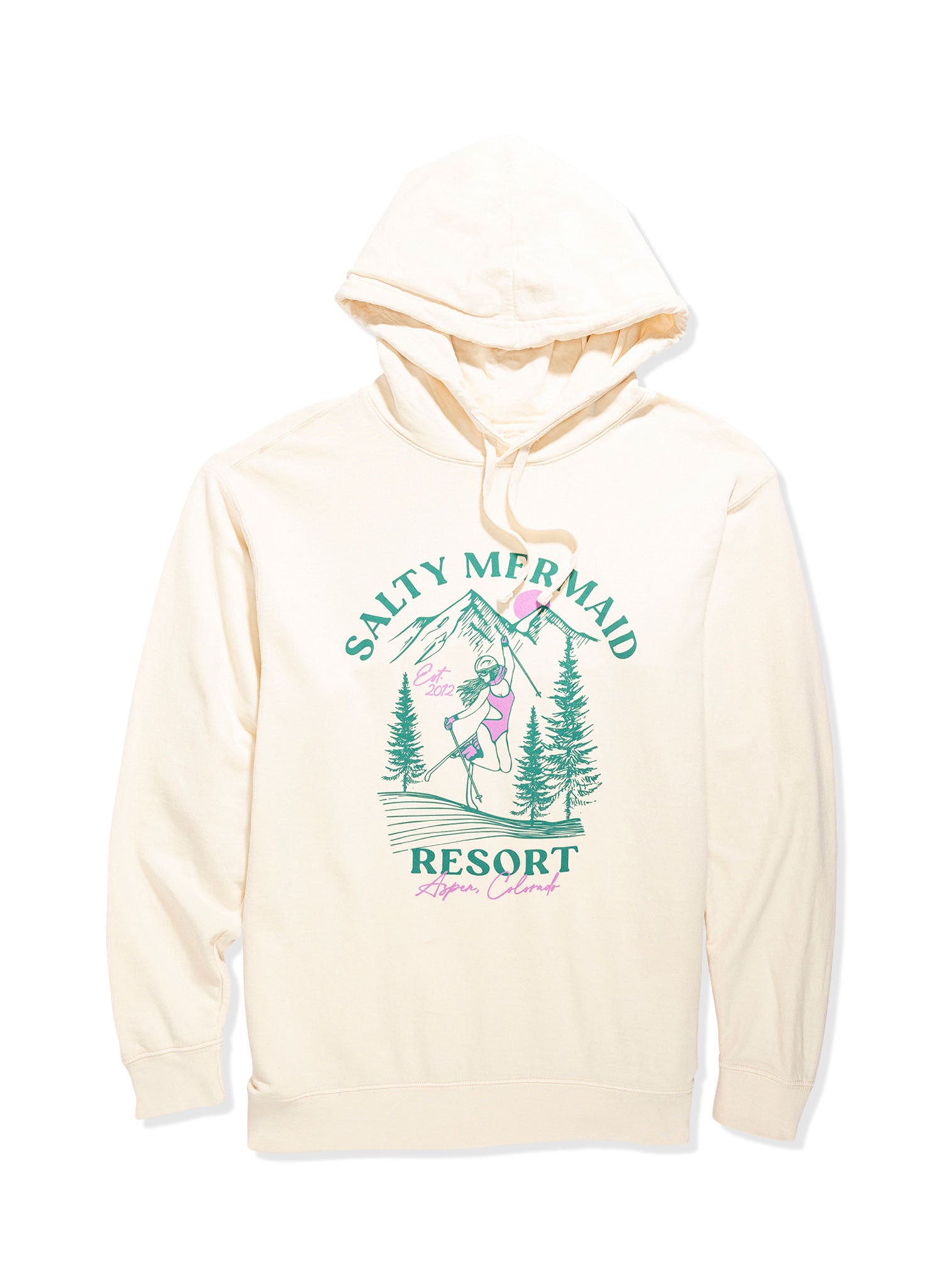 Women's aspen ski resort hoodie by Salty Mermaid featuring a bikini skier riding the slopes.