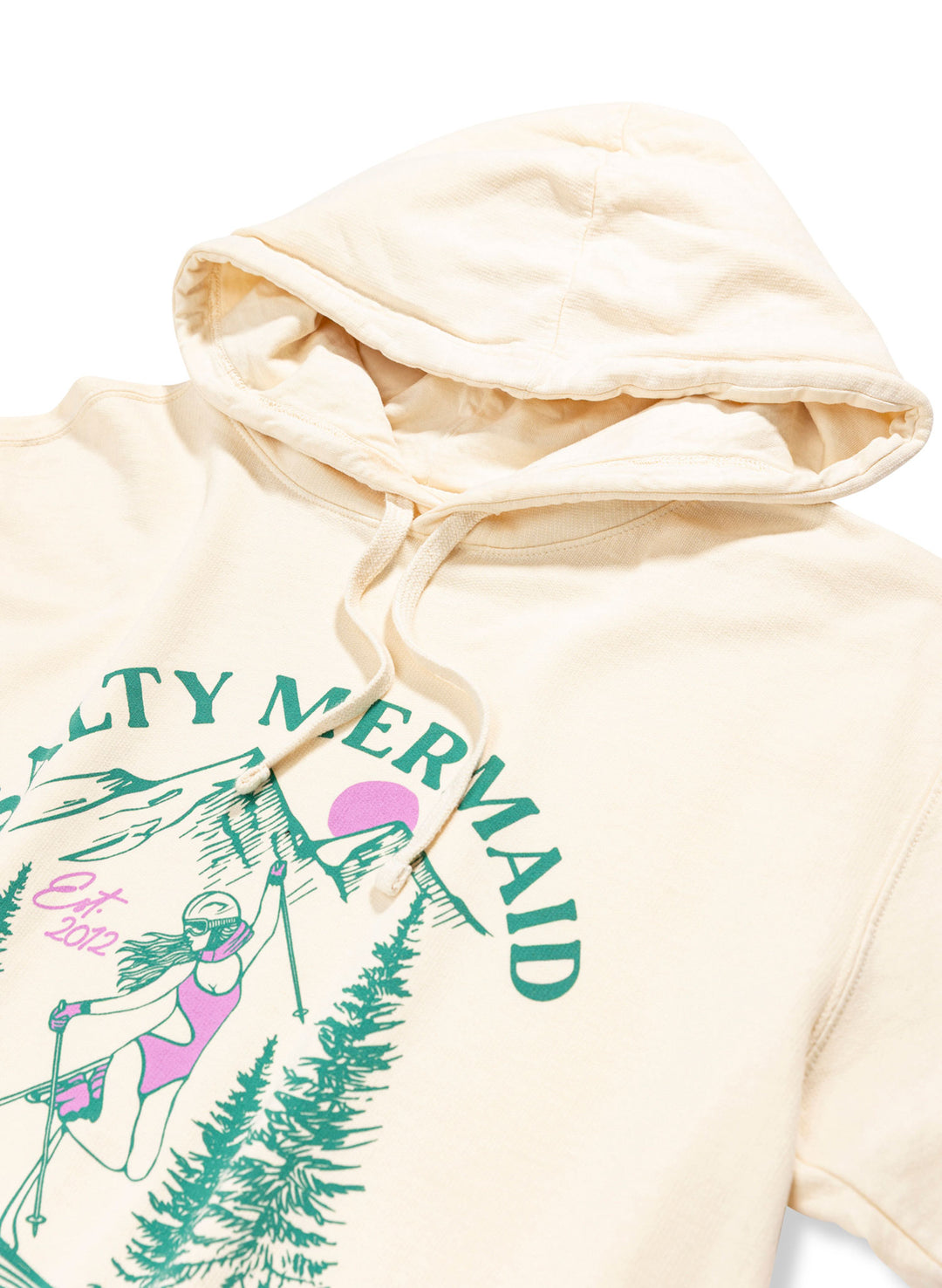 Retro aspen CO ski hoodie with bikini skier women's cream hoodie by salty mermaid.