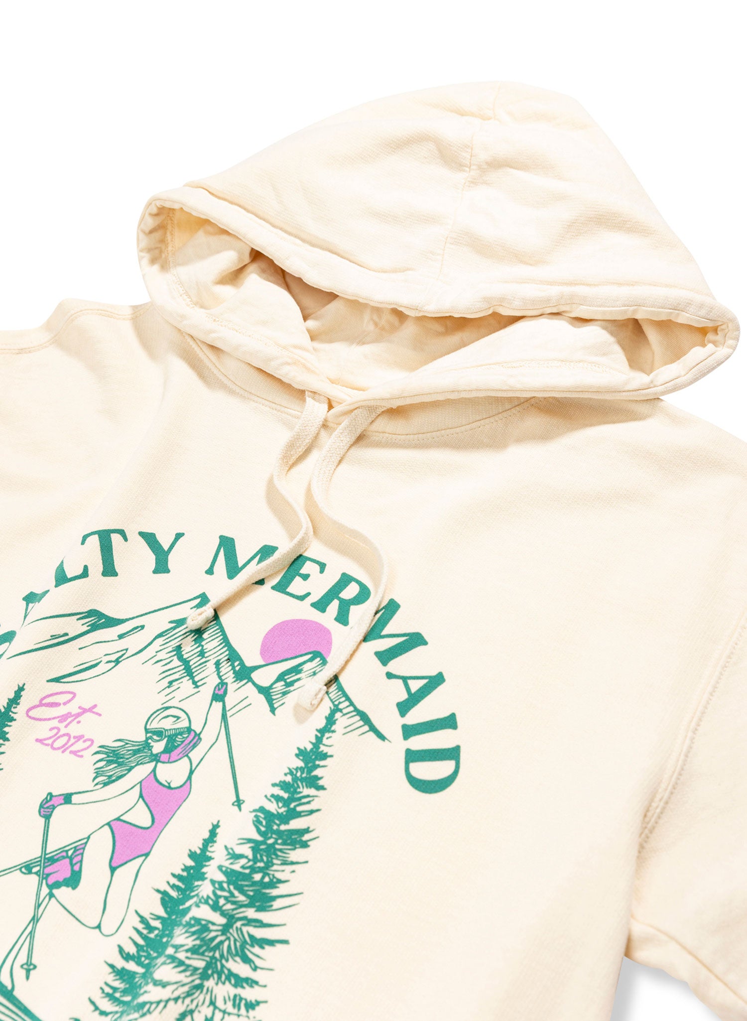 Retro aspen CO ski hoodie with bikini skier women's cream hoodie by salty mermaid.