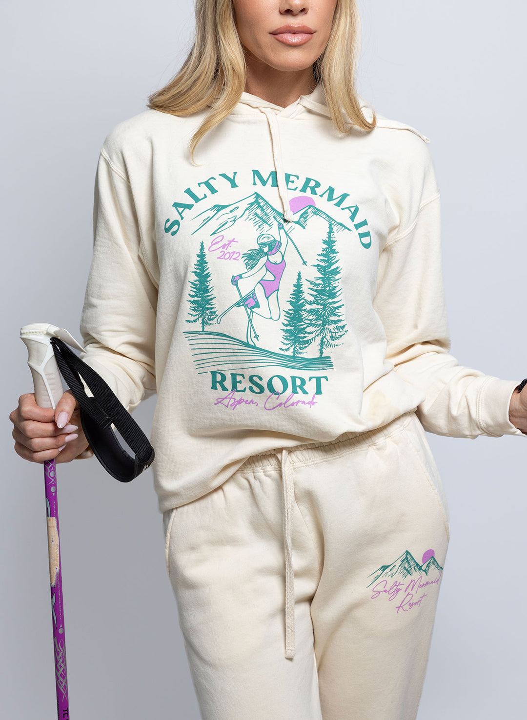 Women's cream aspen hoodie with retro skier graphic by salty mermaid full jogger and hoodie set.