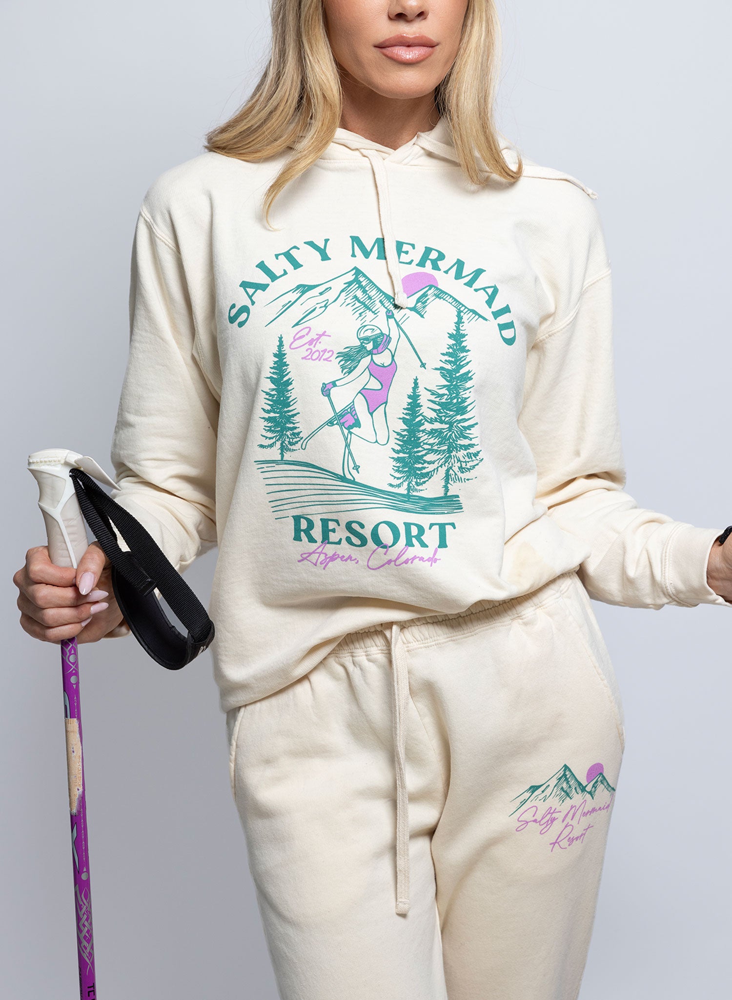 Women's cream aspen hoodie with retro skier graphic by salty mermaid full jogger and hoodie set.