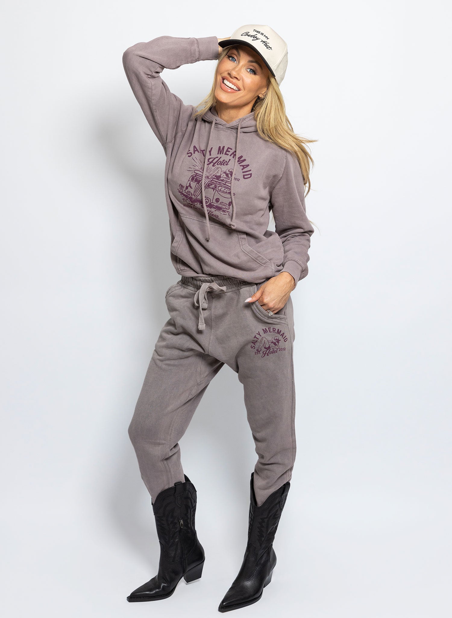 women's matching casual jogger set stone purple with hoodie and jogger set- austin 'saddle meets the sea' hotel collection by salty mermaid.