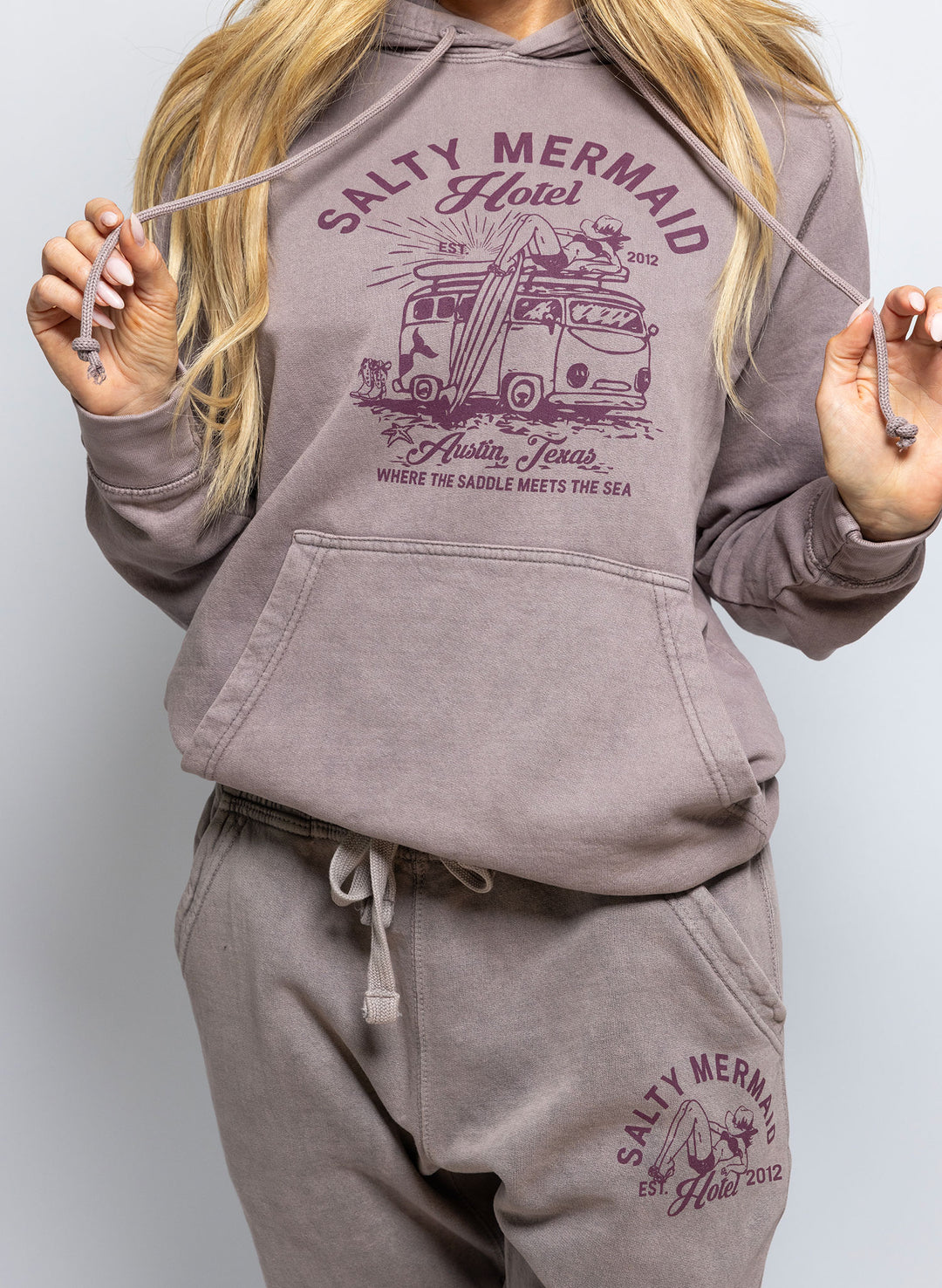 women's retro Austin hoodie - dusty purple featuring western surf bikini cowgirl graphic by salty mermaid.
