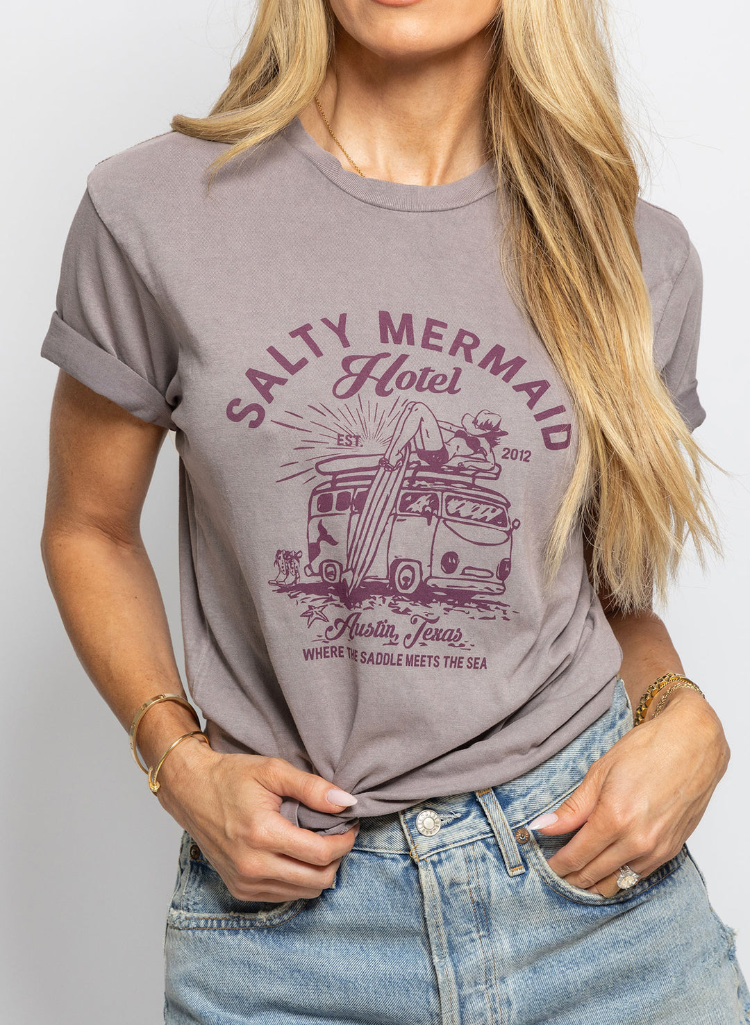 Salty Mermaid Hotel Collection Austin TX graphic t-shirt - where saddle meets the sea.