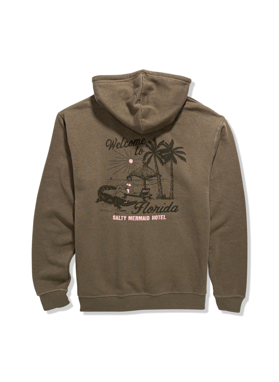 welcome to florida women's sweatshirt by salty mermaid featuring retro inspired beach graphic with aligator and pin up model lounging. matching florida jogger set.
