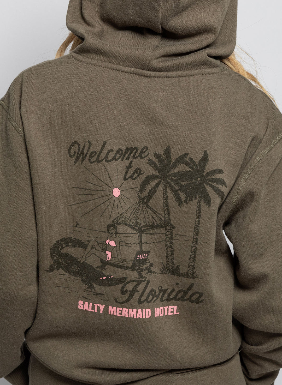 women's retro florida sweatshirt featuring aligator and palm tree graphic with pin up model by Salty Mermaid swimwear
