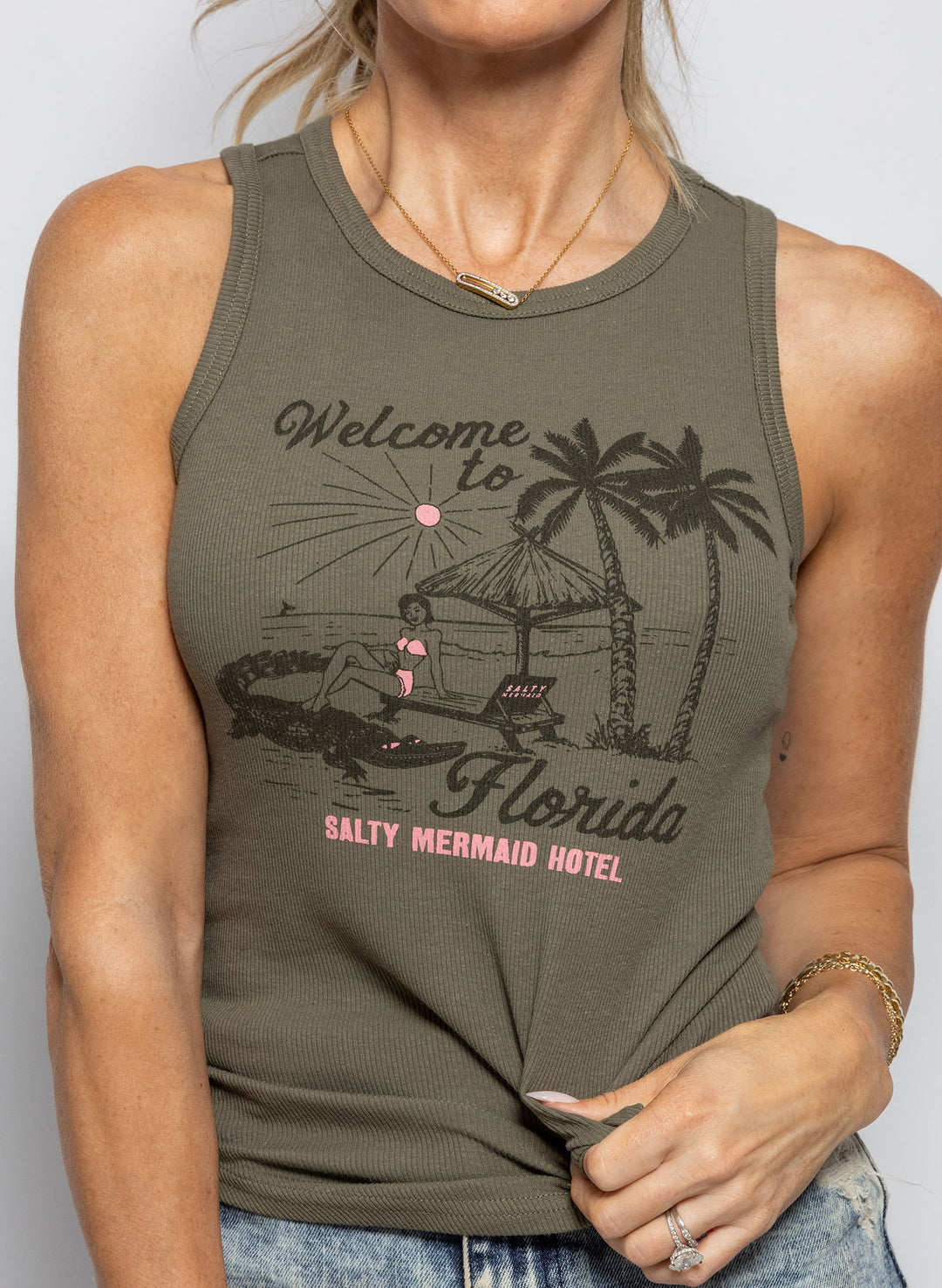 women's moss green fitted tank top retro florida inspired print by salty mermaid loungewear