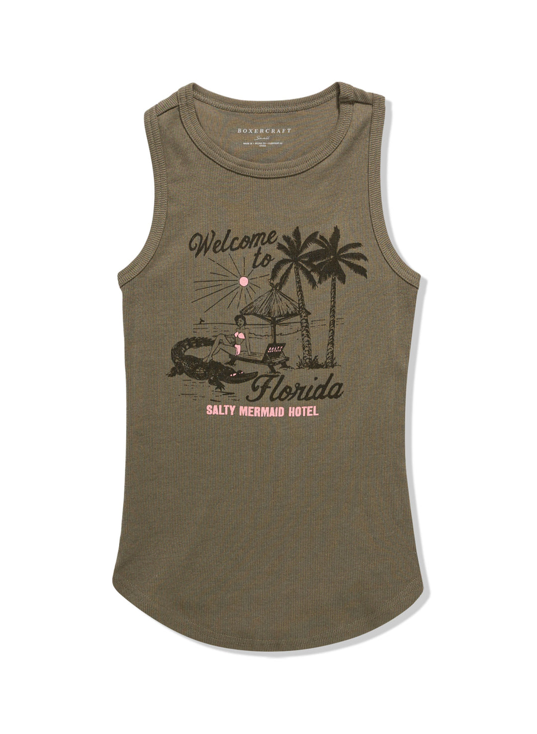 Women's moss green fitted tank top by Salty mermaid with our 'welcome to florida' vintage beach inspired print.