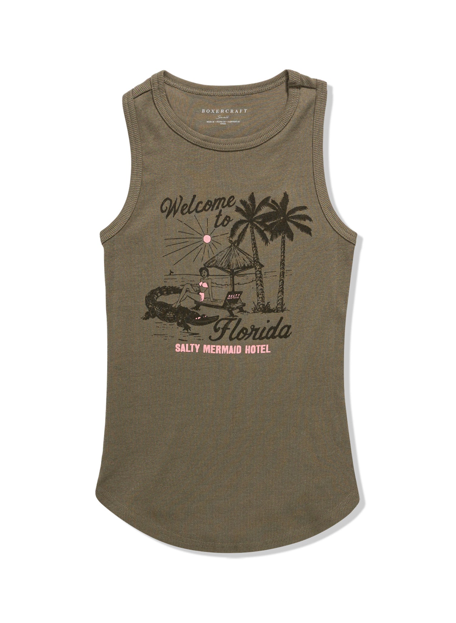 Women's moss green fitted tank top by Salty mermaid with our 'welcome to florida' vintage beach inspired print.