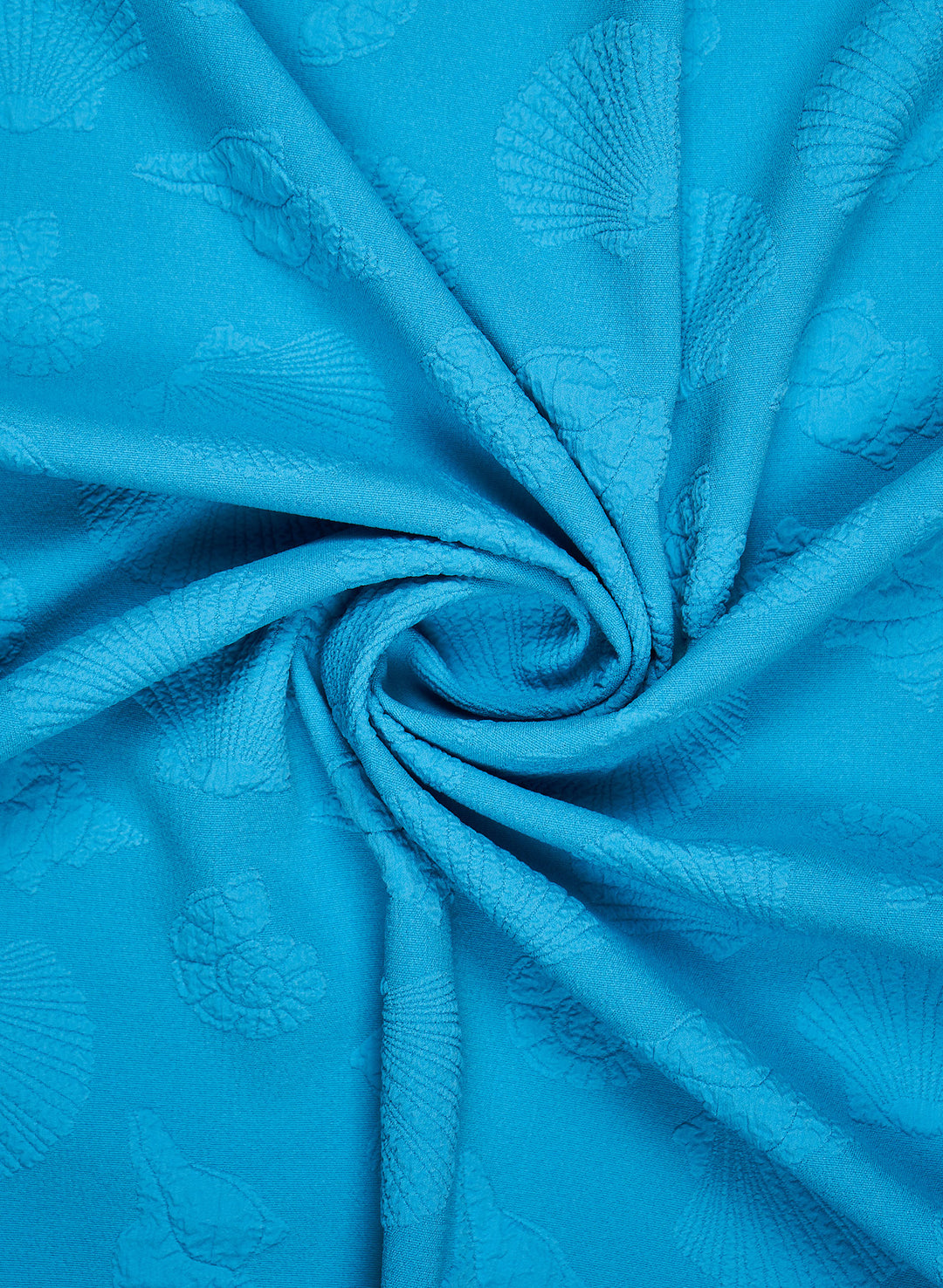 Salty Mermaid embossed Blue Tidepool fabric swatch with 3D seashell details
