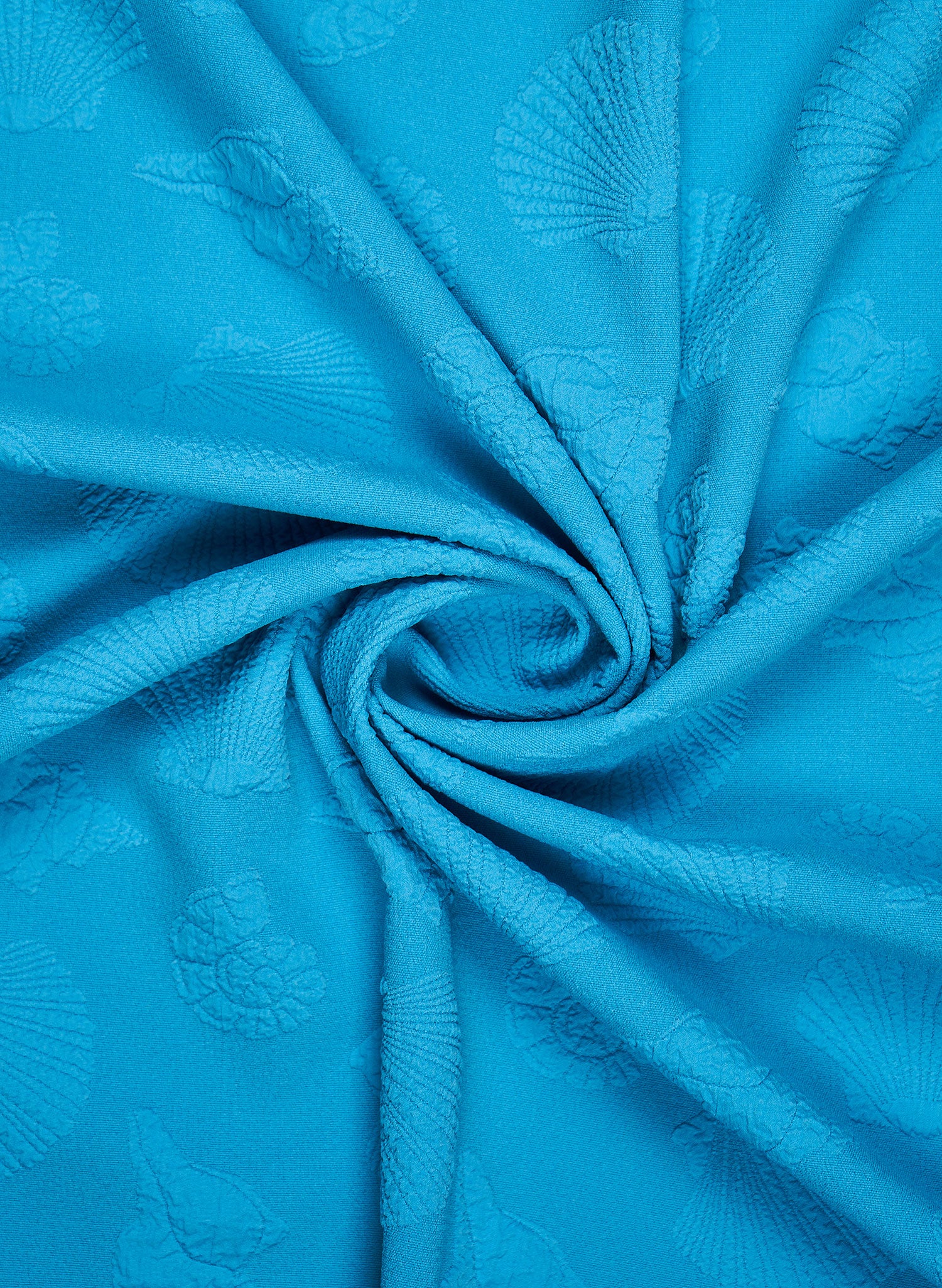 Salty Mermaid embossed Blue Tidepool fabric swatch with 3D seashell details