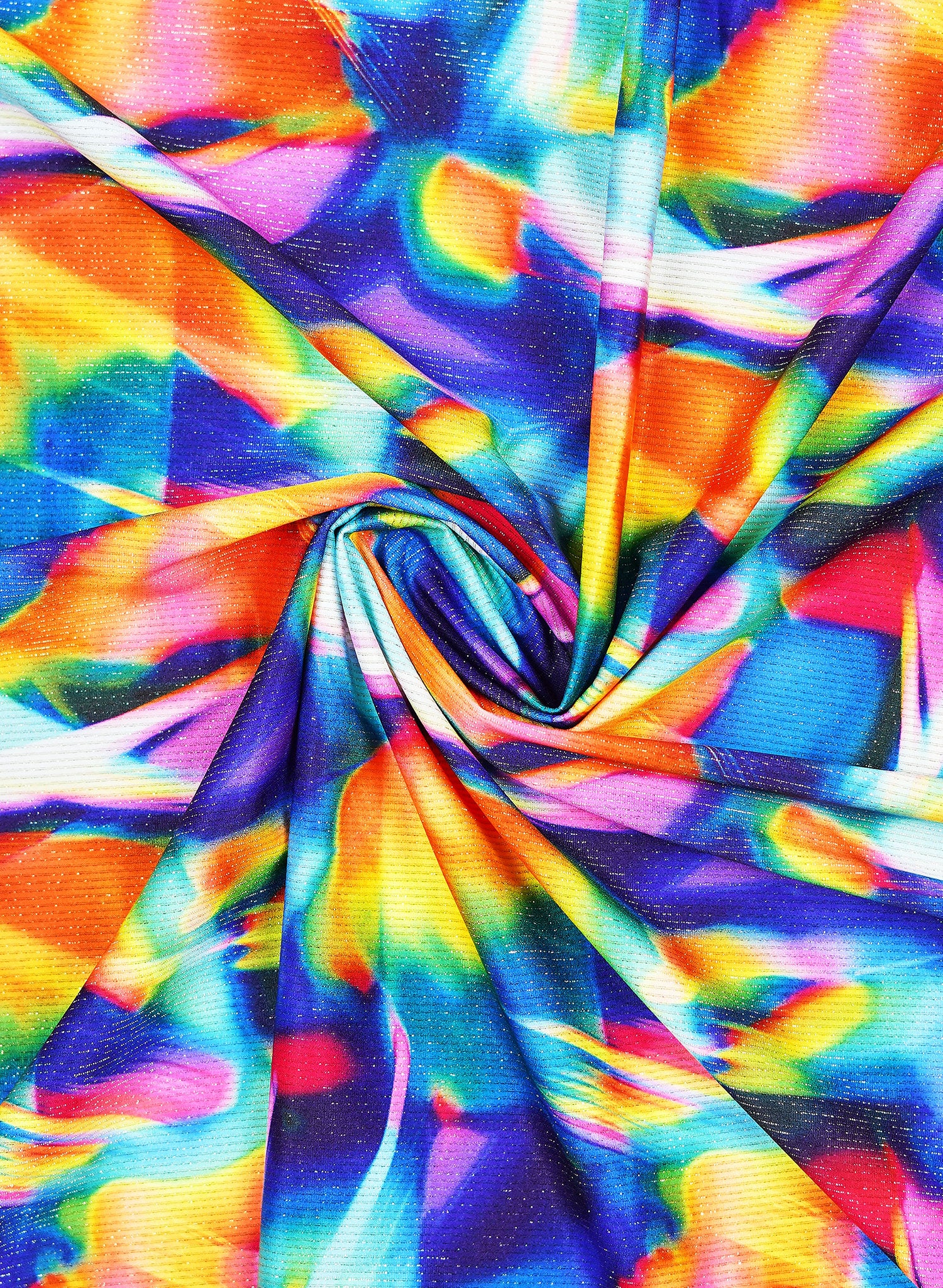 Salty Mermaid Rainbow tie-dye swimwear fabric swatch with multicolor prism pattern, soft stretchy swimwear material- sunset prism