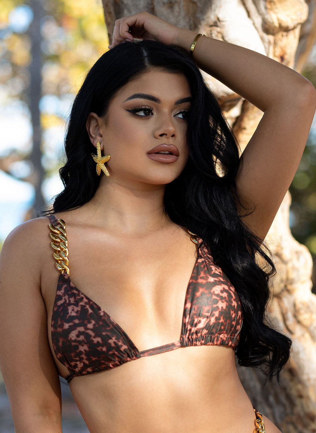 women's gold chain bikini top with tortoise shell print-  luxury women's swimwear mob wife inspired outfits by salty mermaid