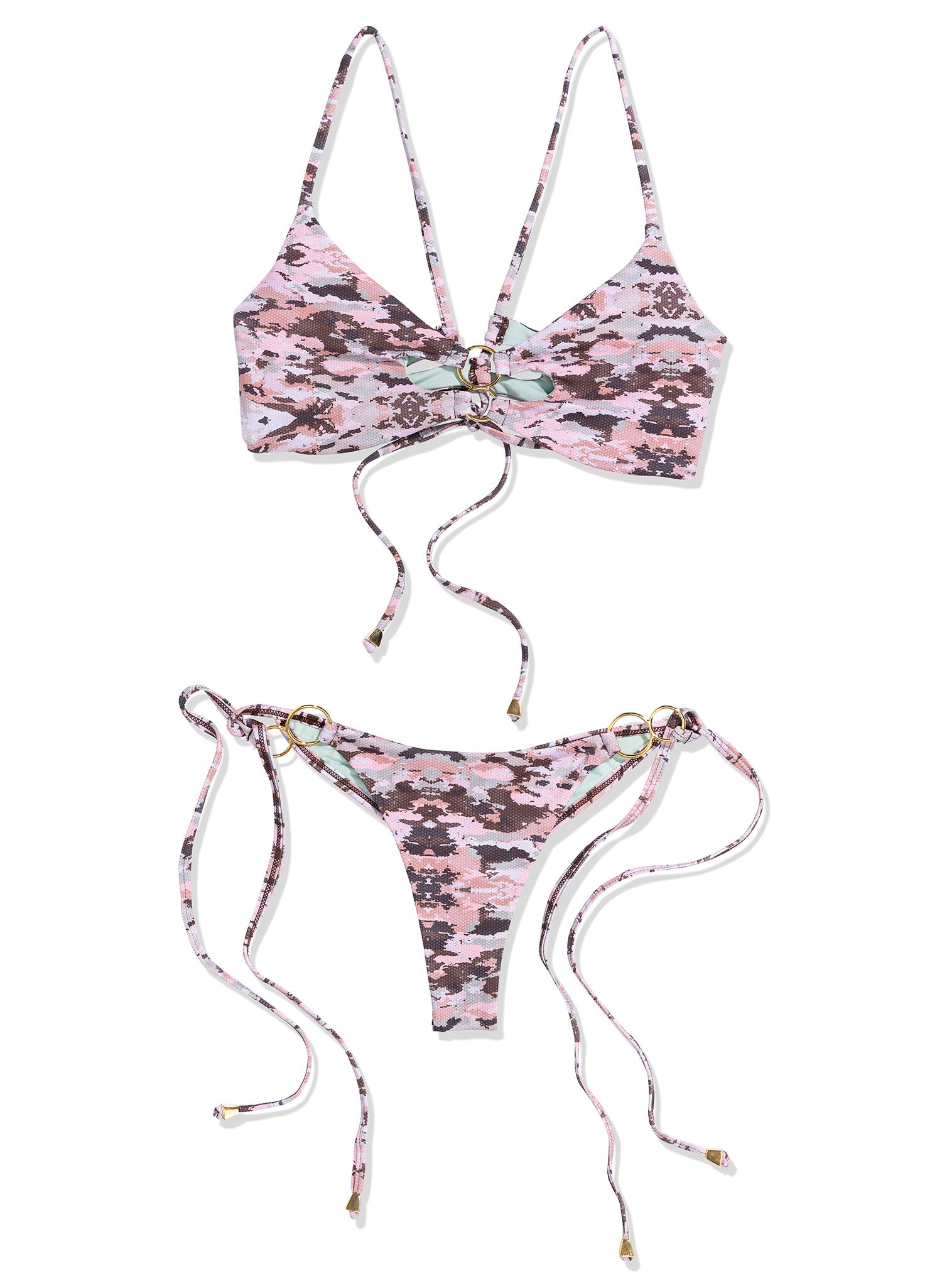 Holly Stocks x Salty Mermaid western swimwear, pink camo festival bikini set with gold ring details, desert inspired cowgirl bathing suit style.