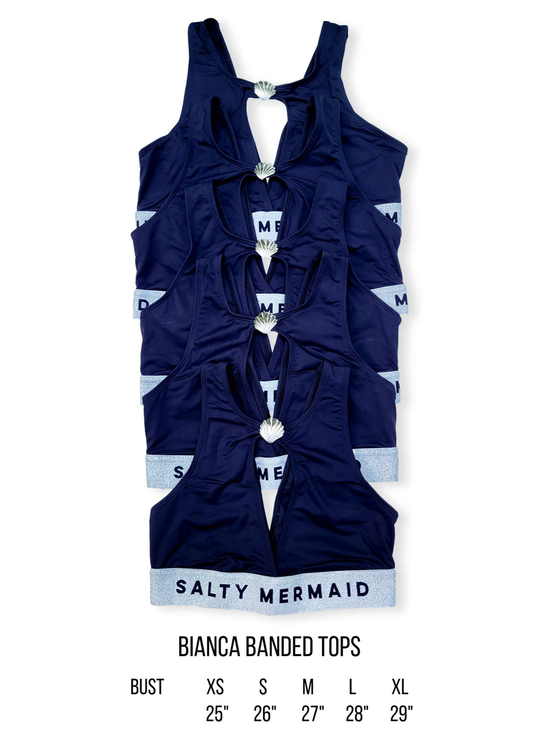 Salty Mermaid signature banded bikini top size guide – wide elastic logo band swimwear sizing chart