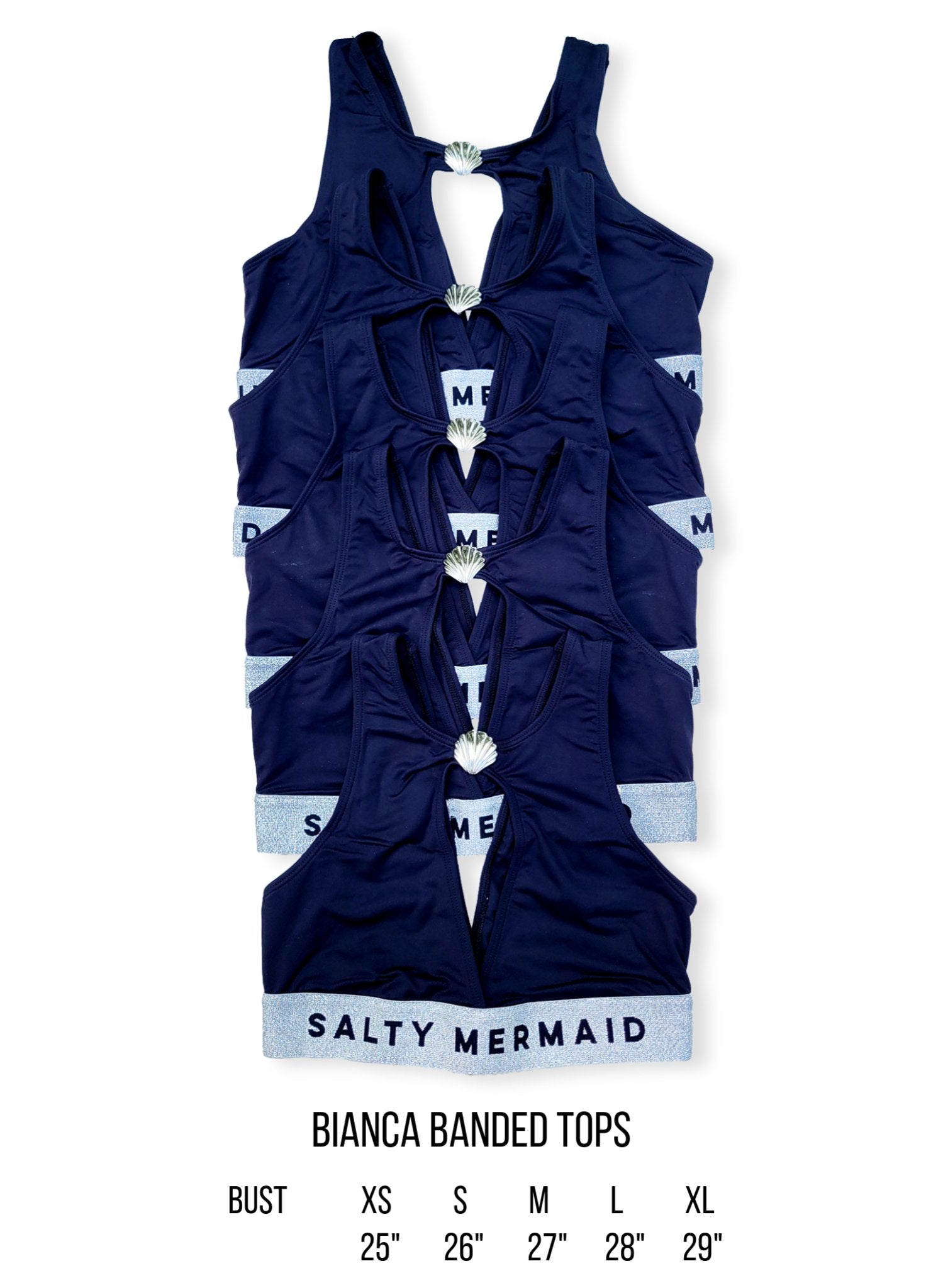 Salty Mermaid signature banded bikini top size guide – wide elastic logo band swimwear sizing chart