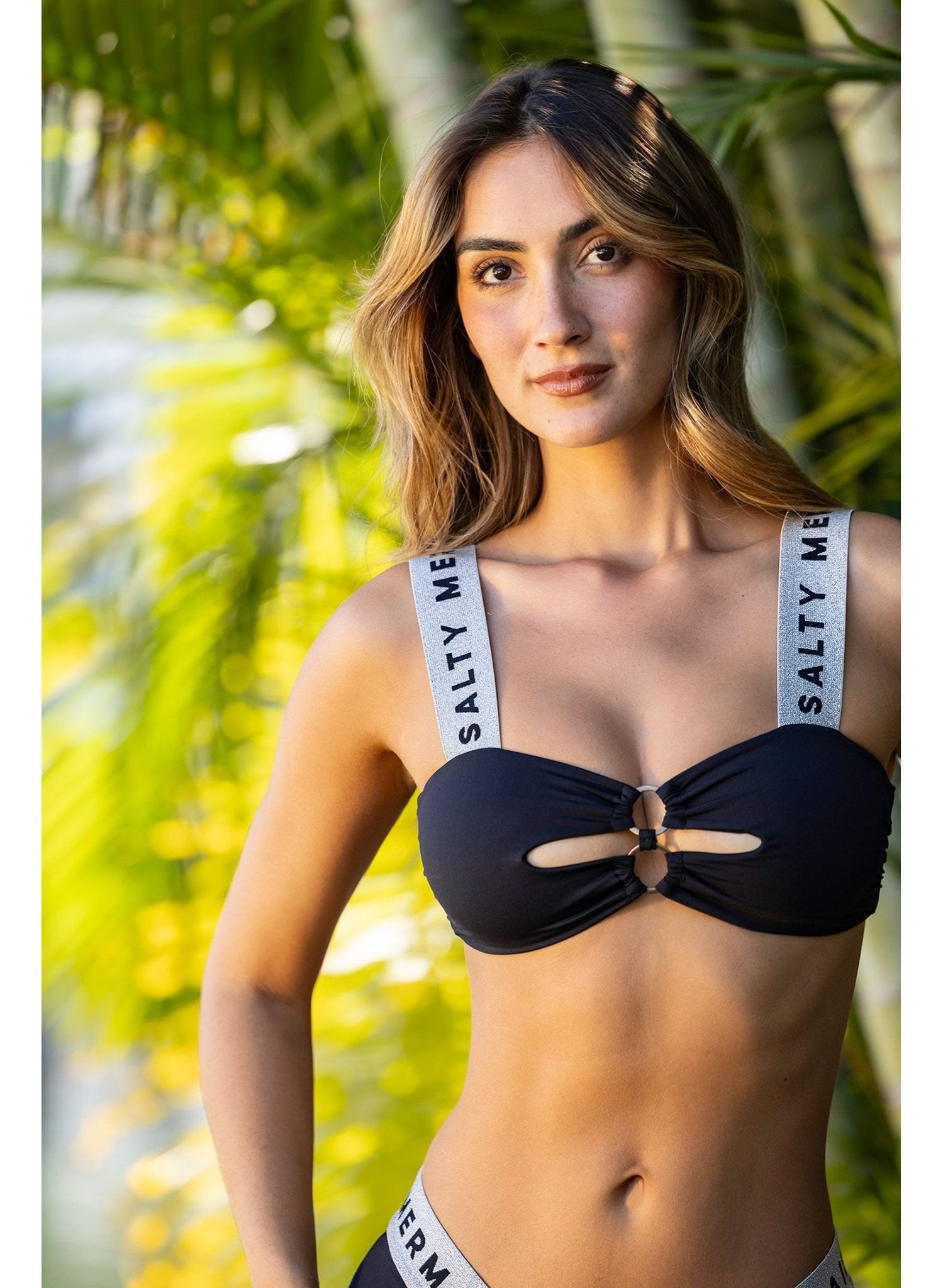 Salty Mermaid cutout ring bandeau bikini top with logo straps, women’s black banded bikini swim top, sporty elastic strap swimwear
