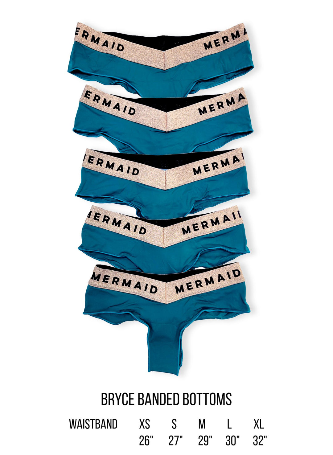 Size guide image of women’s banded Bryce bikini bottoms with logo waistband, cheeky cut swimwear in multiple sizes XS to XL by salty mermaid swimwear