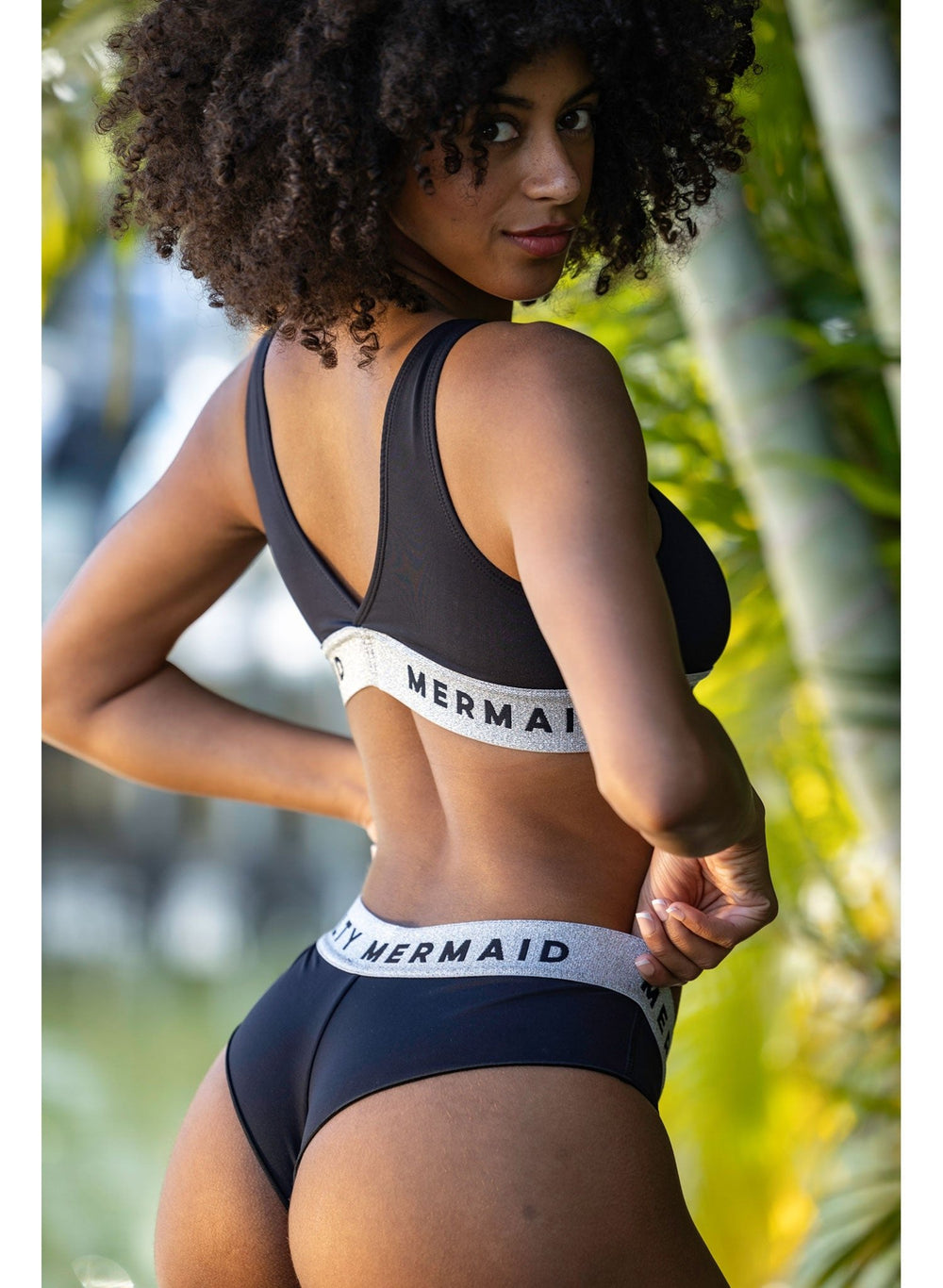 women's black banded bikini with sporty logo banding and cheeky cut bottom fit with silver jacquard band