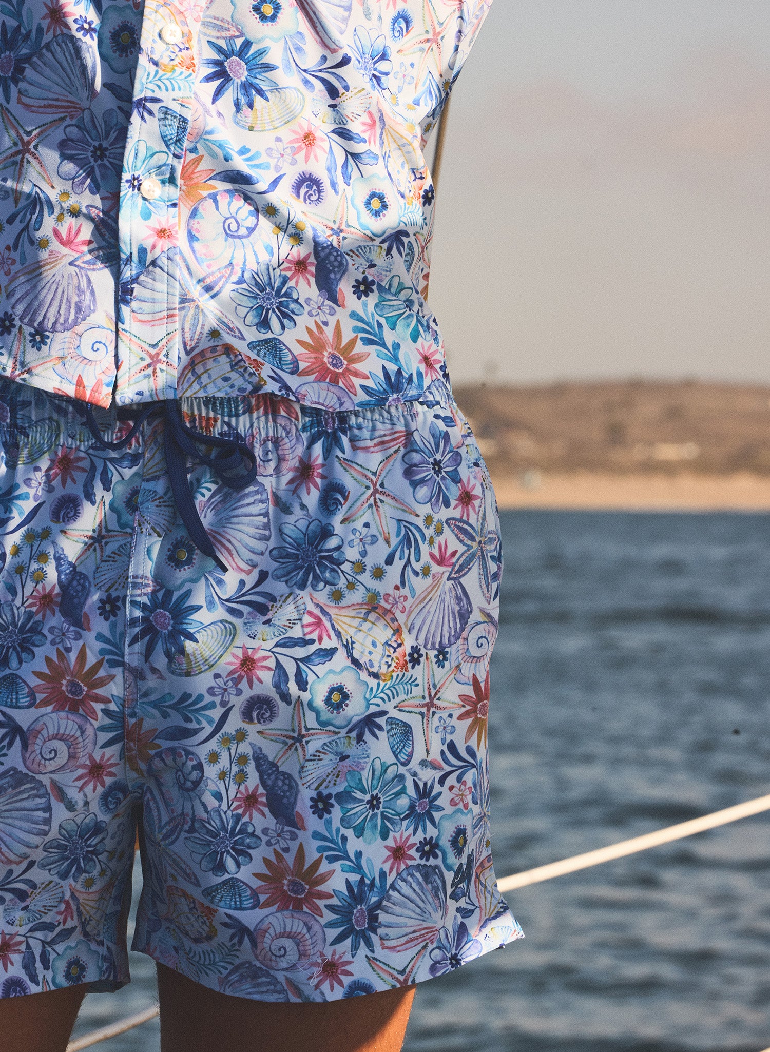 men's resort wear matching bathing suit and button up shirt with nautical steel and floral pattern-nautical garden by Salty Mermaid