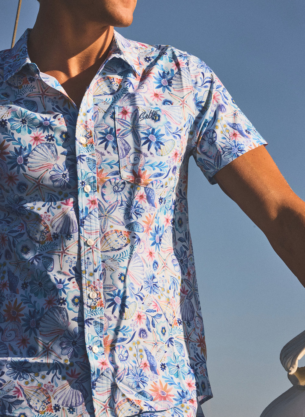 men's nautical button down beach shirt- salty mermaid nautical garden floral and shell print men's top.