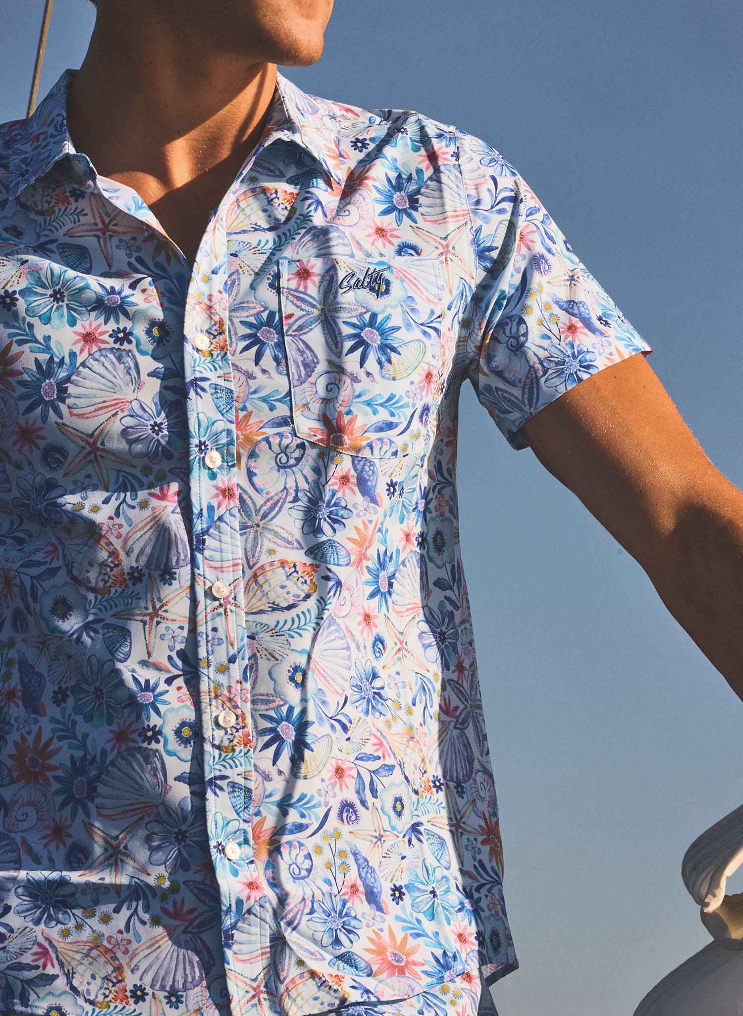 men's nautical button down beach shirt- salty mermaid nautical garden floral and shell print men's top.