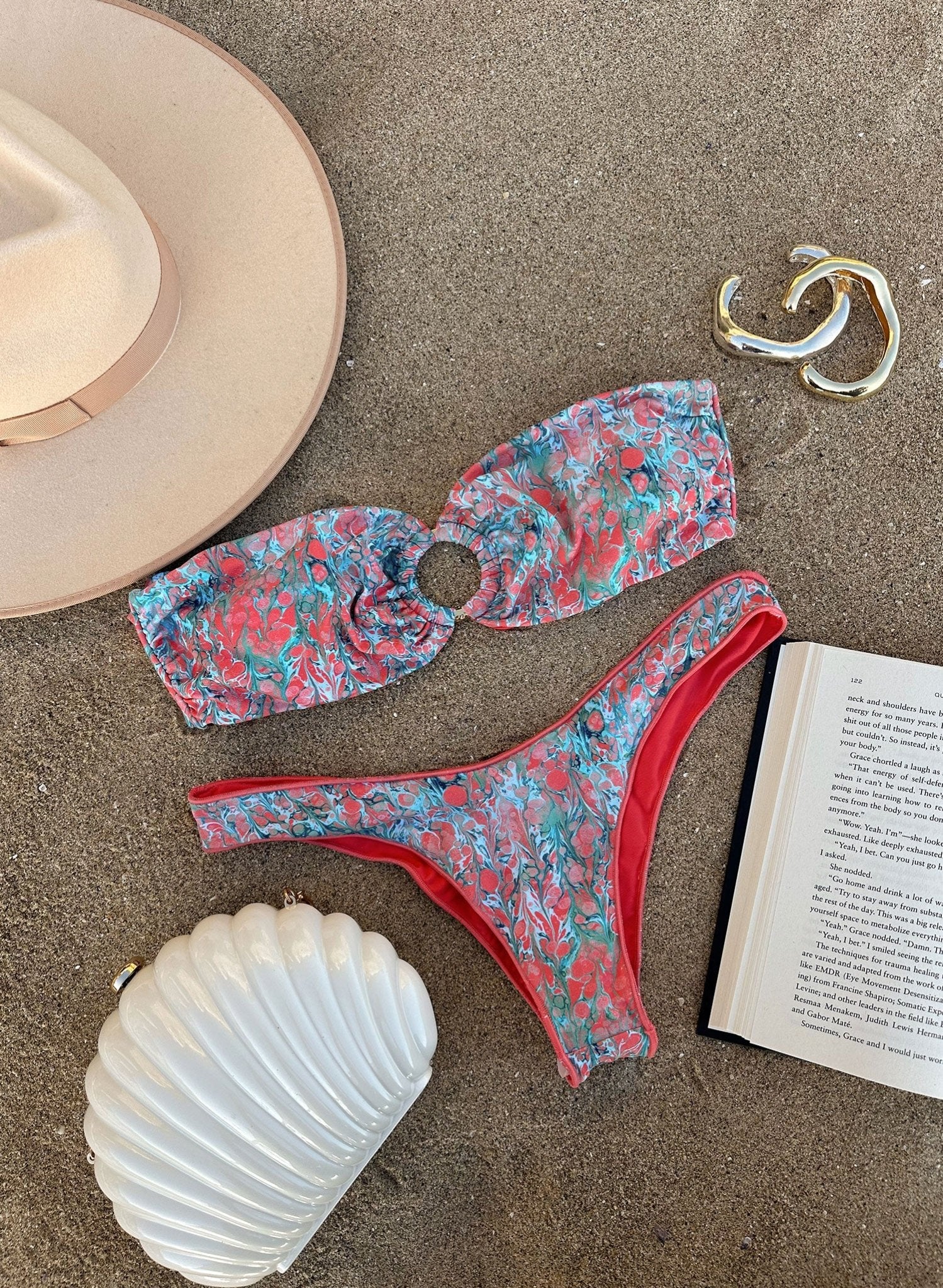 Raya Bandeau Convertible Bikini Top - Lava Lamp Coral Orange and Teal Print