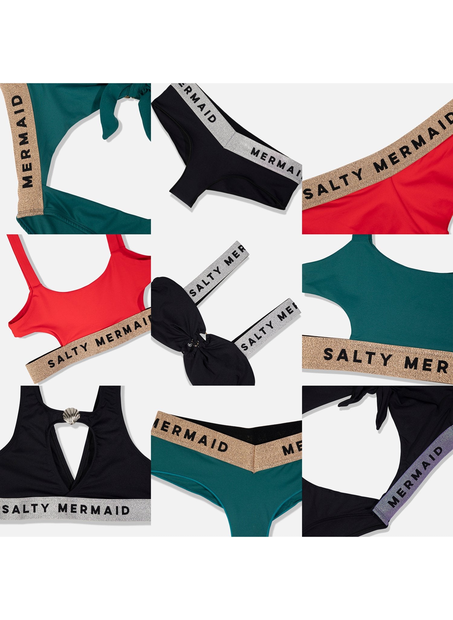 photo collage of salty mermaid banded swimsuit bikini top and bottom sets in multiple colors