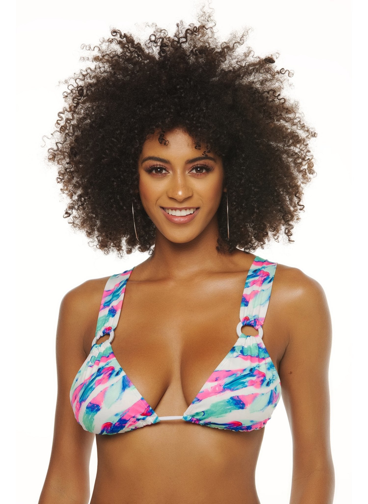 Daisy Adjustable Ring Bikini Top - Watercolor Abstract Blue Pink Print