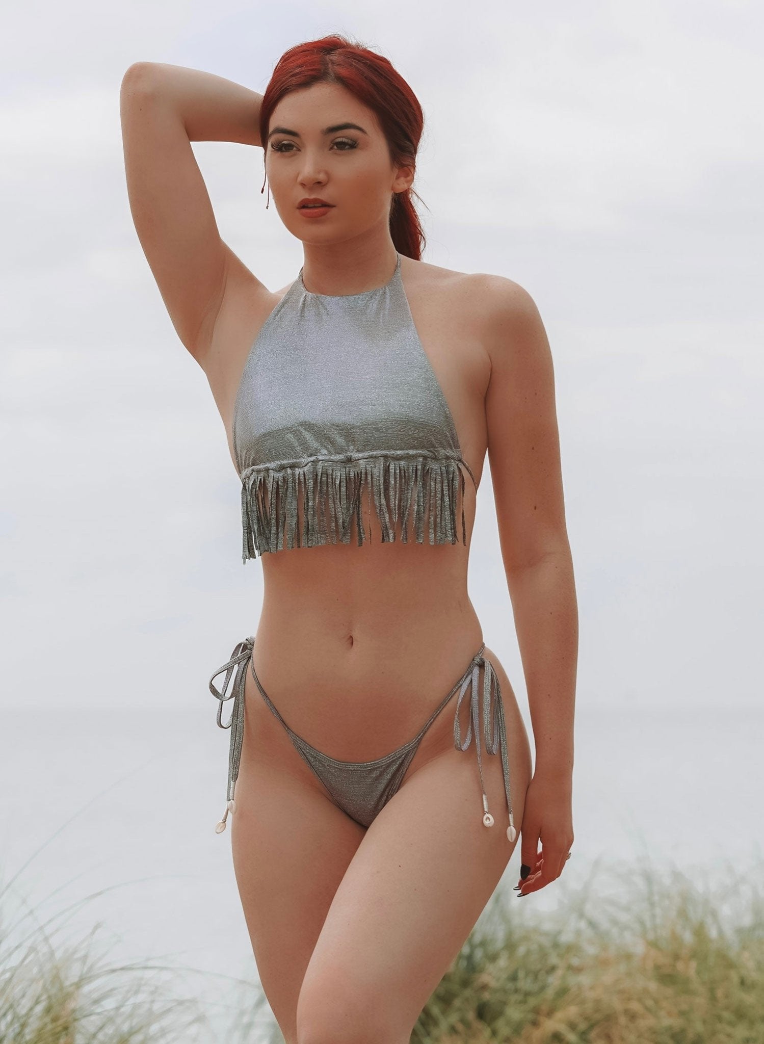 Rainey Fringe Halter Bikini Top - Shimmering Shells Silver