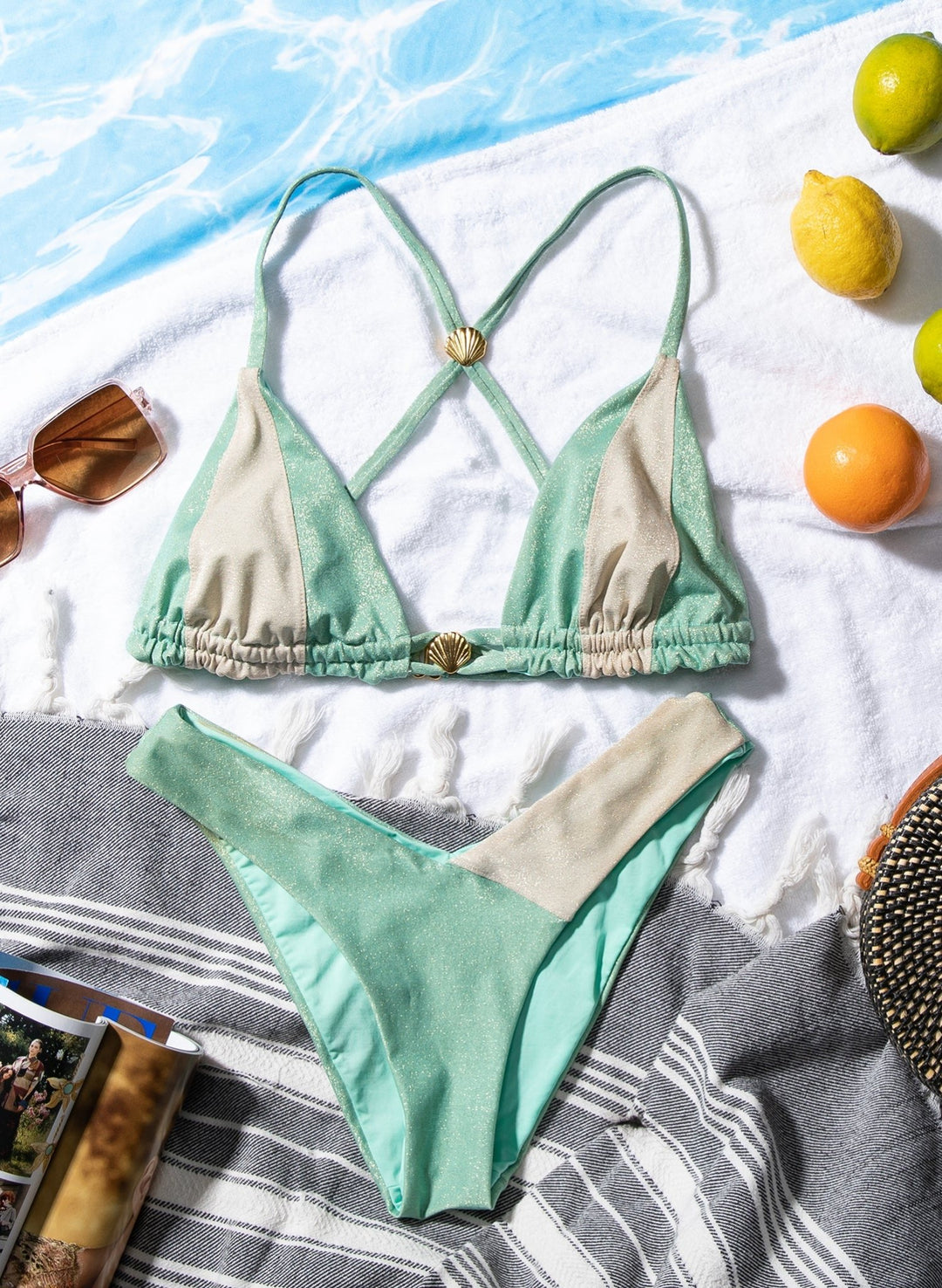 Treasure Criss Cross Triangle Bikini Top - Pearlescent Pistachio Shimmering Green