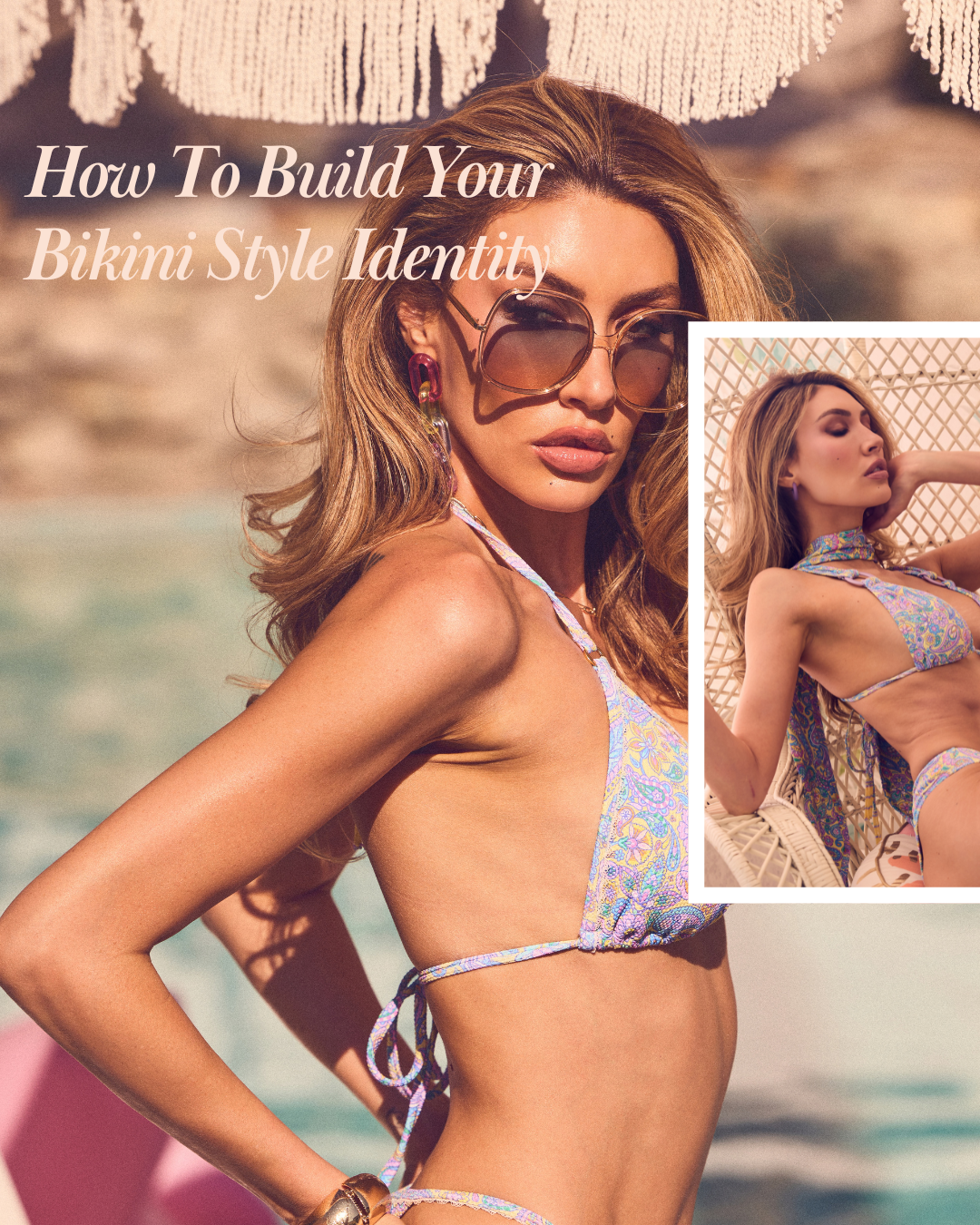 Model wearing a pastel paisley-print Salty Mermaid bikini 