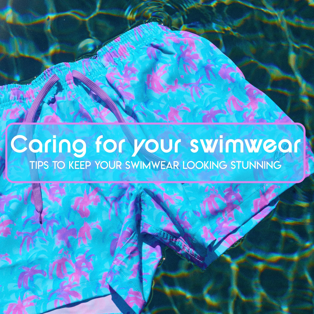 Salty Mermaid tropical-print swim trunks floating in a pool beneath “Caring for Your Swimwear” and swimwear care tips text.