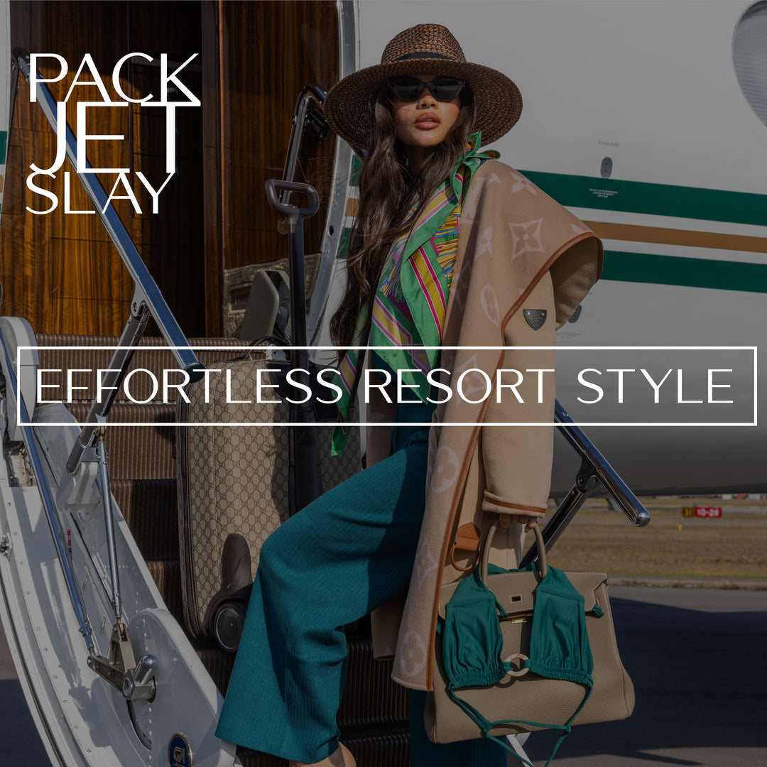 Salty Mermaid model styled in effortless resort wear while boarding a private jet beneath “Pack Jet Slay” travel fashion text.