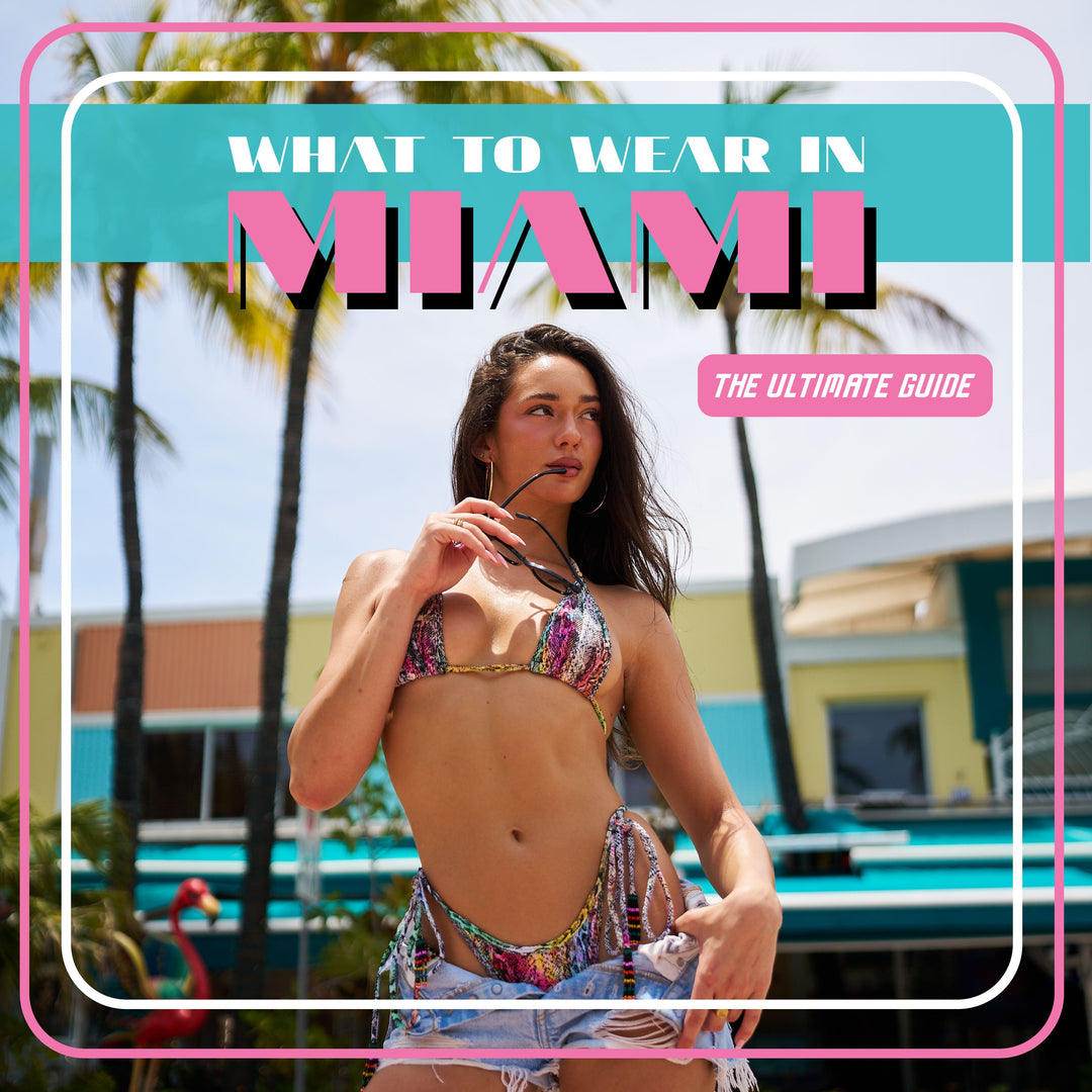 Woman wearing a colorful bikini and denim shorts in Miami, featured on Salty Mermaid’s “What to Wear in Miami” ultimate guide blog thumbnail.
