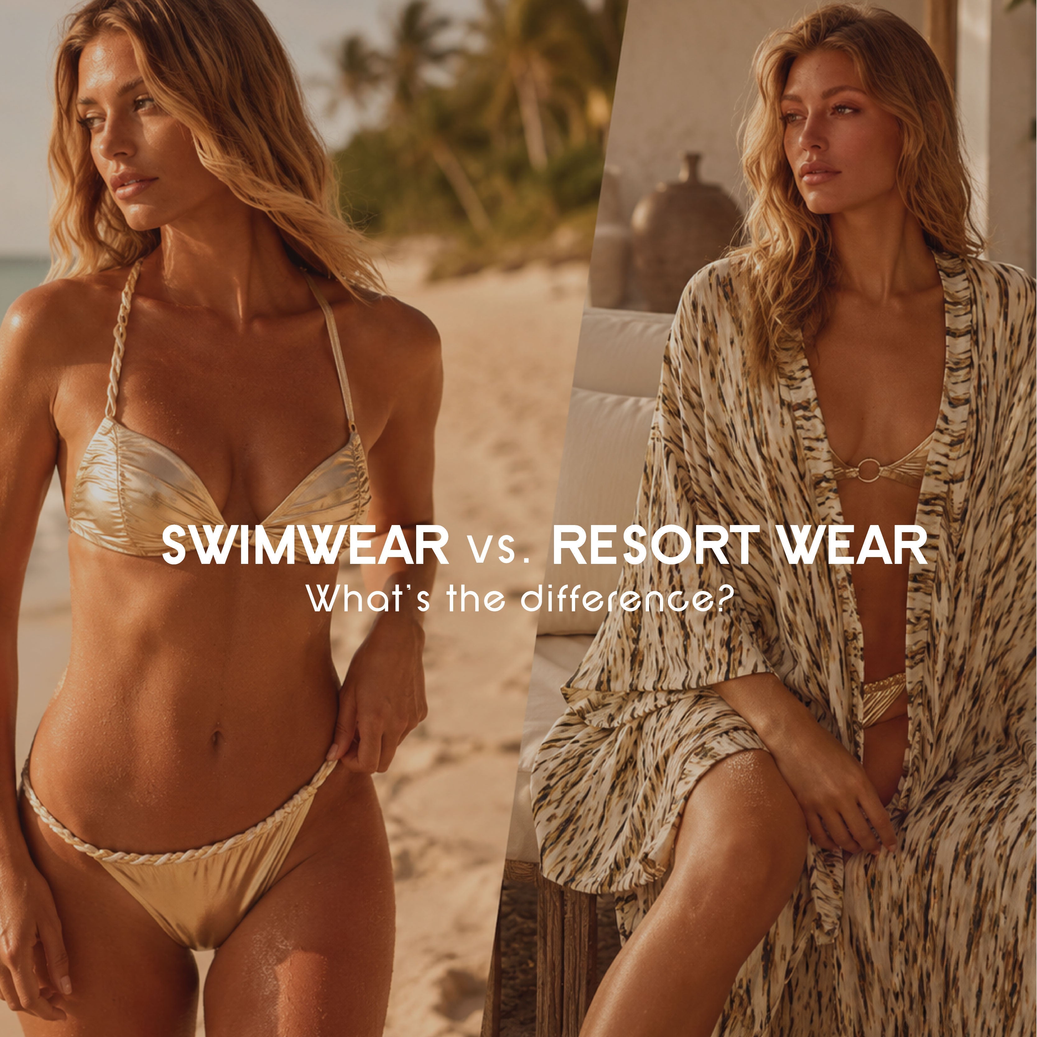 A spit photo of a woman in a bikini and a woman in a resort cover up set by salty mermaid 