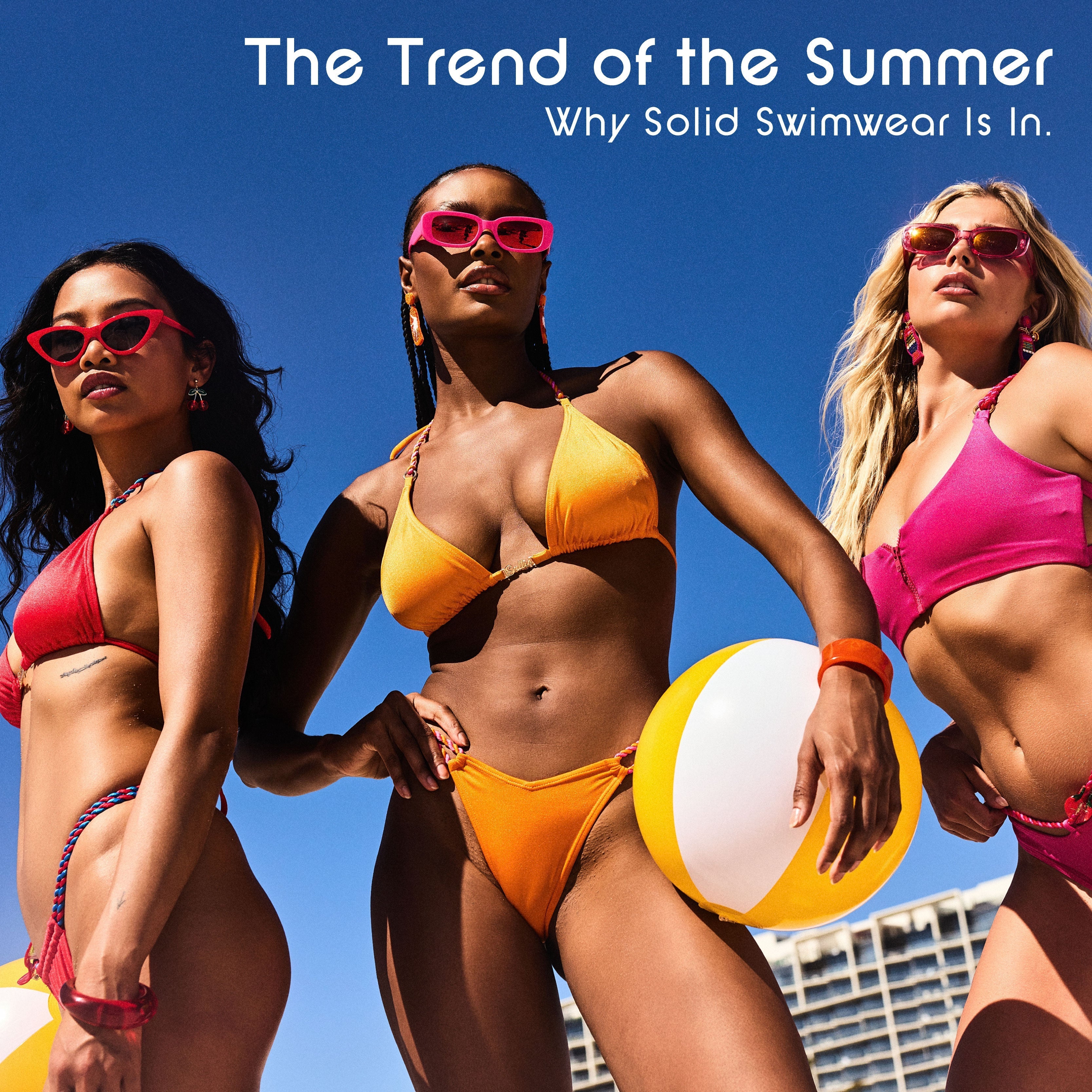 Group of women wearing solid color bikini in retro style photo editorial
