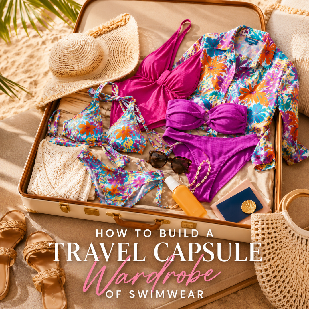 An open suitcase featuring a wardrobe of swimwear perfect for travel essentials