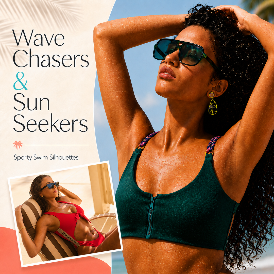 Cover of our Sporty Swim Silhouettes blog post featuring a collage of sport swim tops from salty mermaid