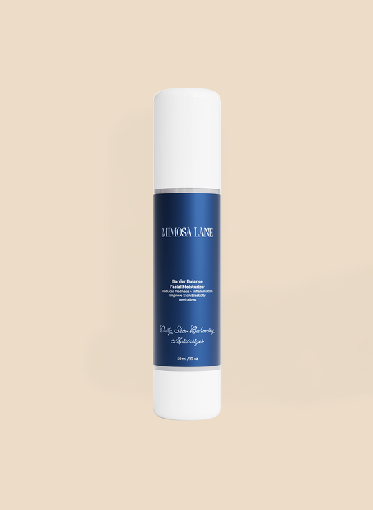 Mimosa Lane Daily skin balancing moisturizer  bottle with blue label on a beige background