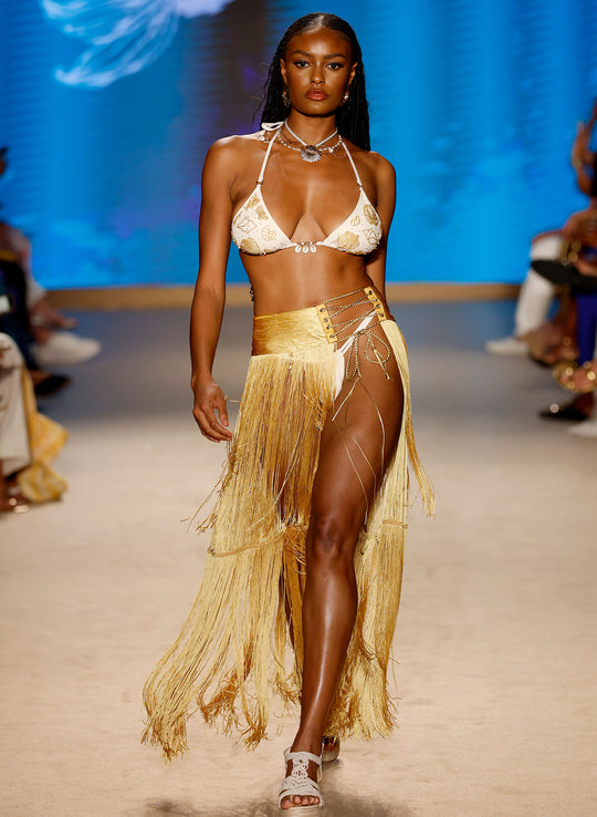 Ivory Shoreline Bikini & Gold Fringe Maxi Skirt | Miami Swim Week 1 of 1 Runway Sample