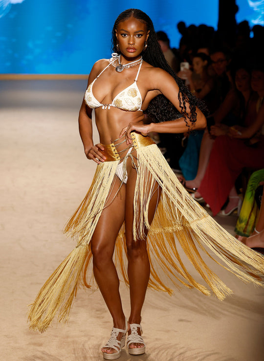 Ivory Shoreline Bikini & Gold Fringe Maxi Skirt | Miami Swim Week 1 of 1 Runway Sample