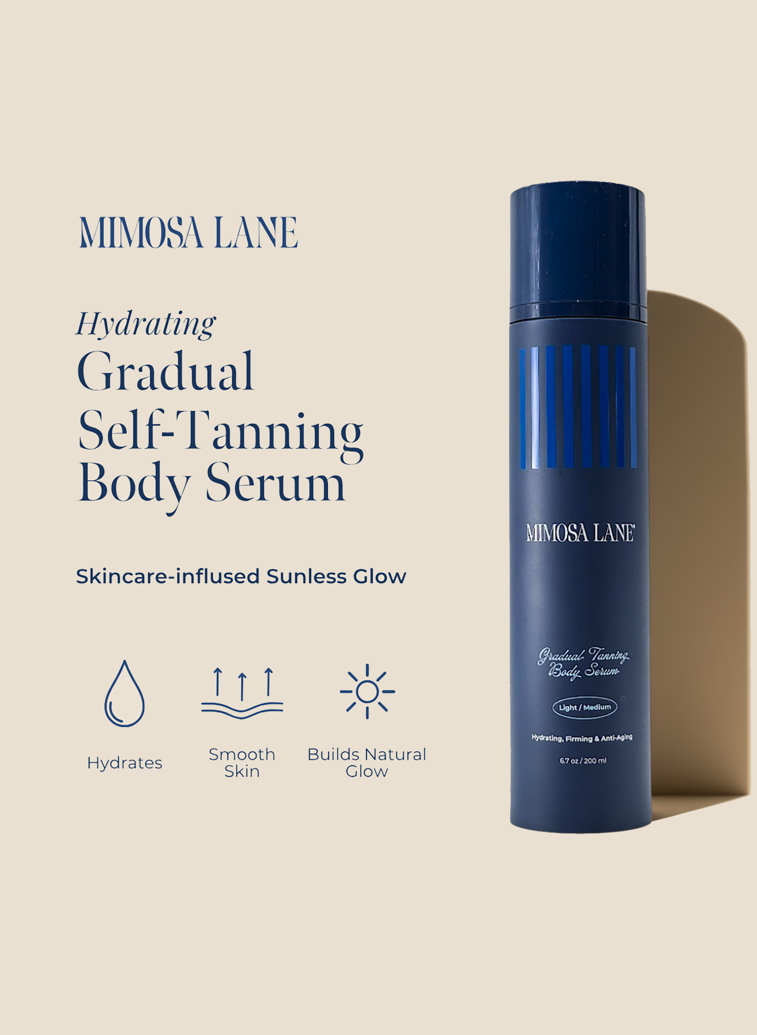 Mimosa Lane hydrating gradual self-tanning body serum bottle on a beige background