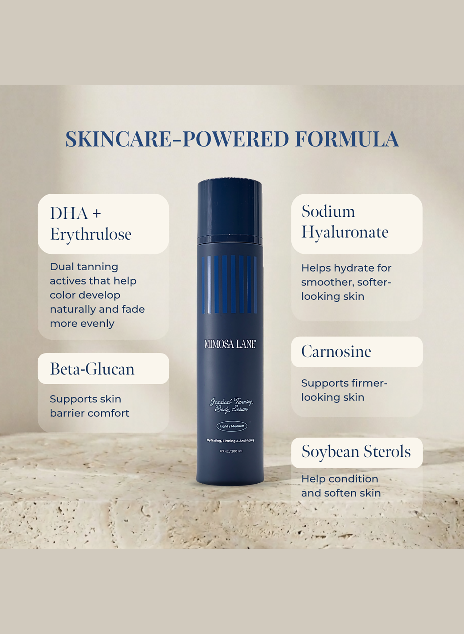 mimosa lane body serum - skincare product with ingredients listed on a neutral background