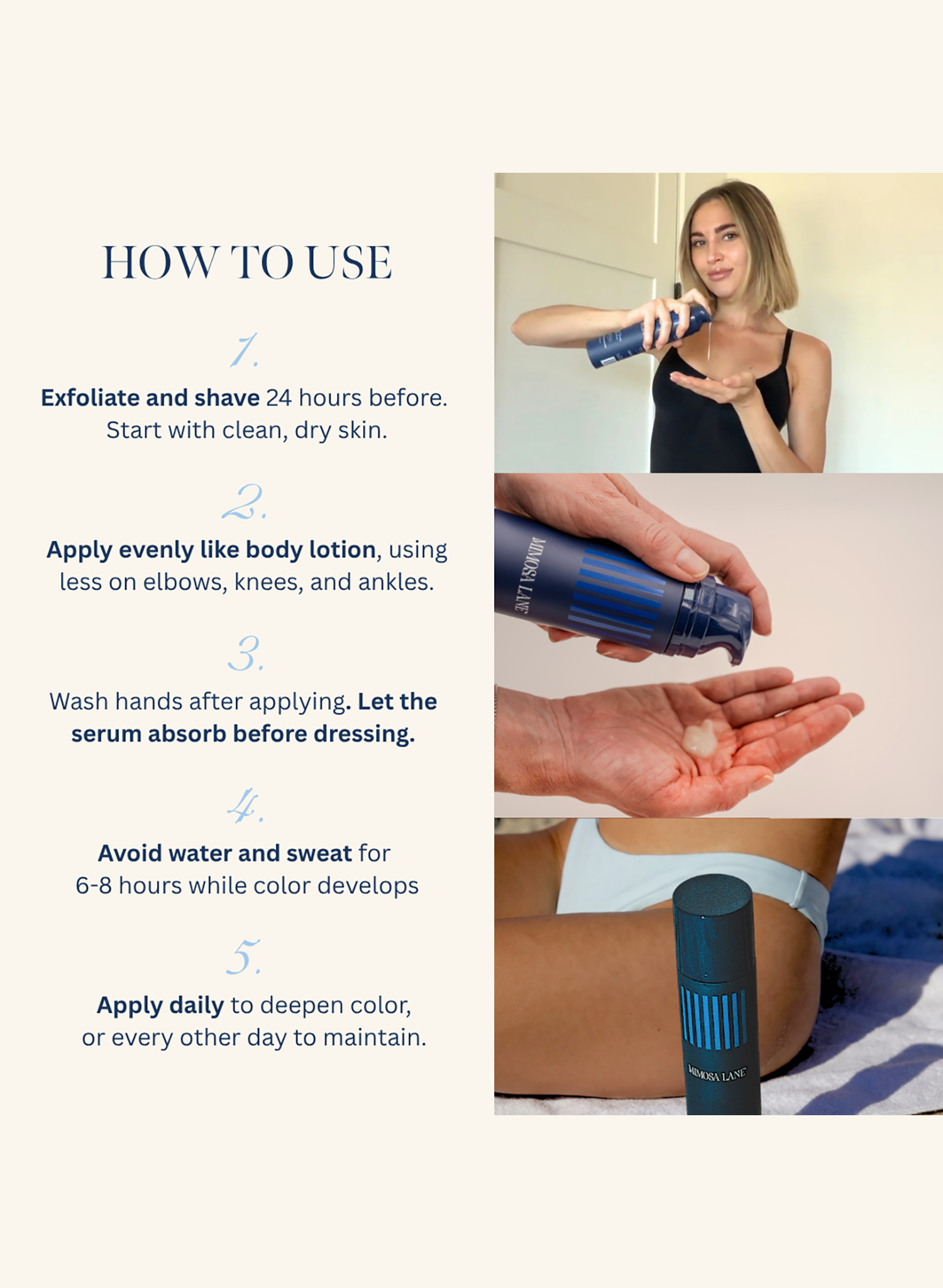 Instructions on how to use mimosa lane body serum with text and images of application.