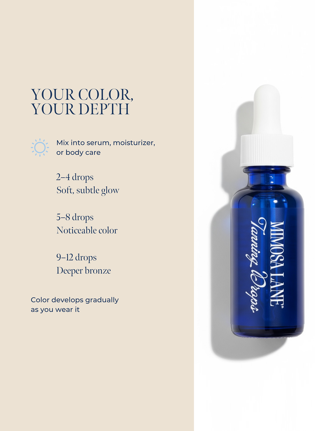 Tanning drops by Mimosa Lane in Blue bottle with white cap on a beige background, featuring text on color depth.